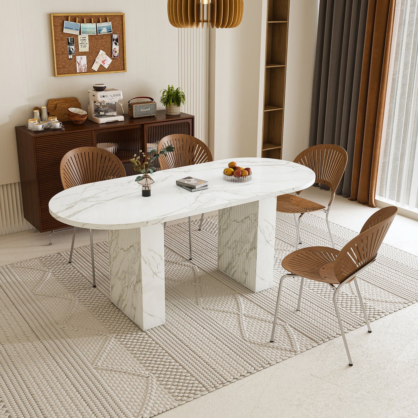 62.9 Inch Oval Dining Table for 6, Marble Top Kitchen Table with Wood Strip Base, Modern Farmhouse Dining Room Table with Waterproof Scratch Resistant Surface, White Marble Finish W2700P340890