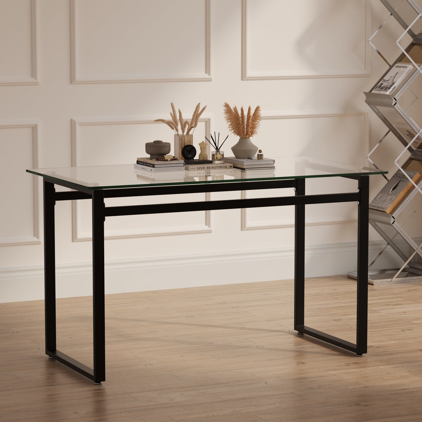51' Modern Minimalist Rectangular Glass Dining Table for 4-6 with 0.31' Tempered Glass Tabletop and Black Chrome Metal Legs, Writing Table Desk, for Kitchen Dining Living Room (0 damage) W2189138541