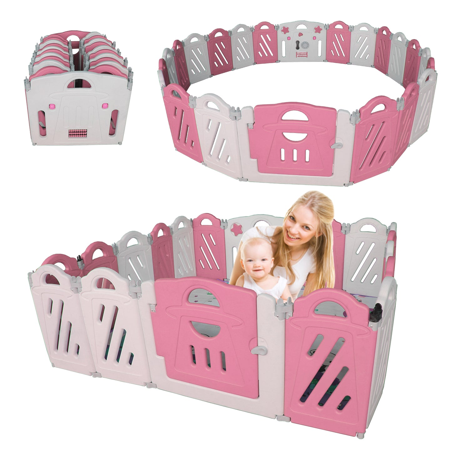16+2 Panel Baby Playpen, Foldable Playard for Baby and Kids, Adjustable Shape Play Fence with Safety Lock Gate (Pink+White,16+2 Panel) W2031P240630