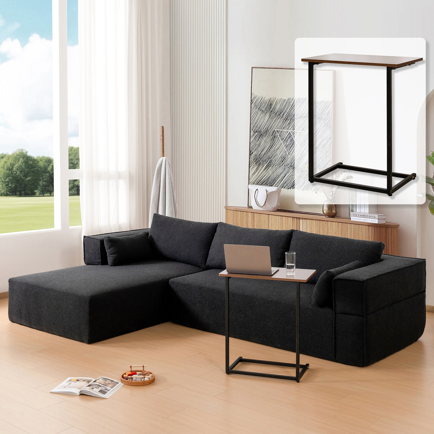112'Modular Sectional Sofa with Free Side Table,Wide Seat,Fully Compressed,Wrinkle-resistant Boucle Fabric Couch with Chaise,Free Combination,L-Shaped Sofa for Living Room,No Assembly Required,3 Color N723S9670B