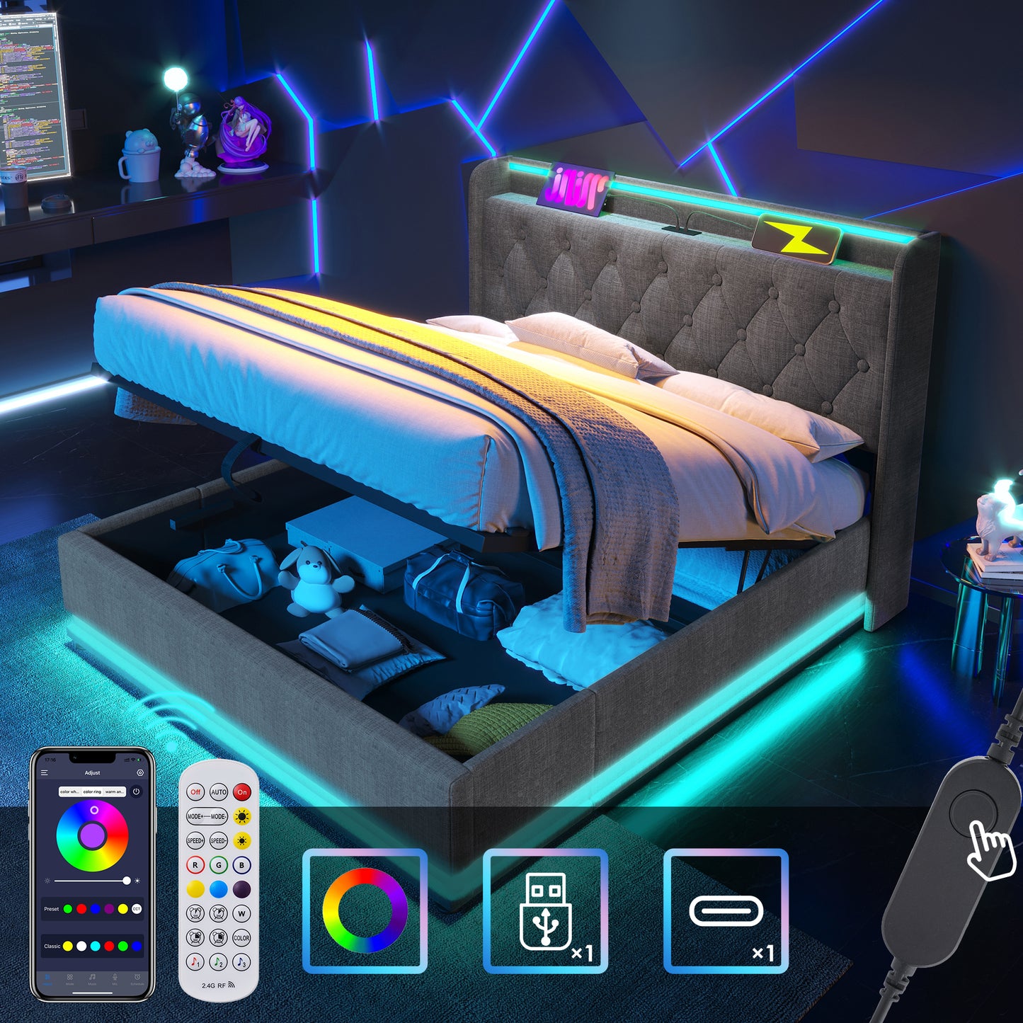Queen size Upholstered bed, 360 surround LED function, Buttons/Apps/Remote Control, hydraulic storage bed with USB Type-C charging, Gray, Linen (Without mattress) N736P188807G