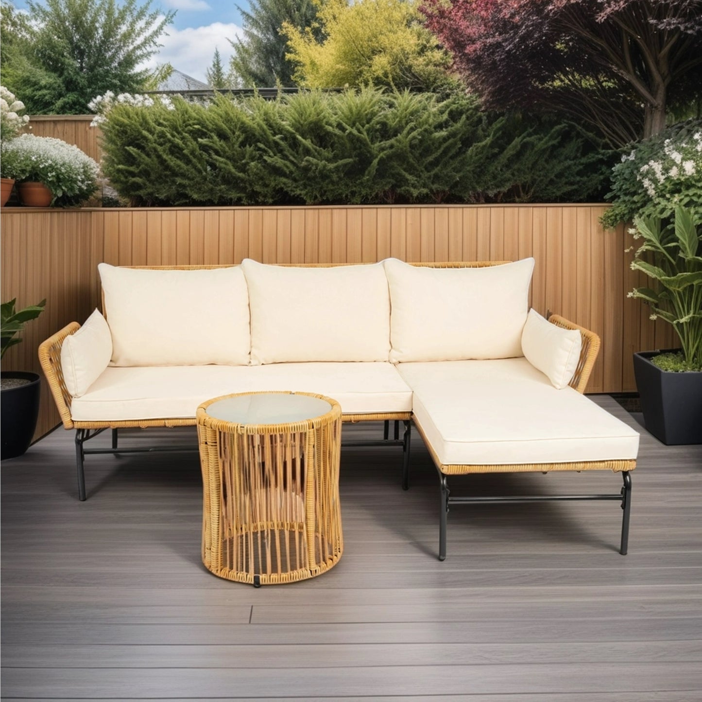 3 Pieces Outdoor Patio Wicker Furniture Sets Table and Chairs with 3.15-inches Thick Cushion Outdoor Sofa Set Natural Yellow Wicker + Creme Cushion W329S00038