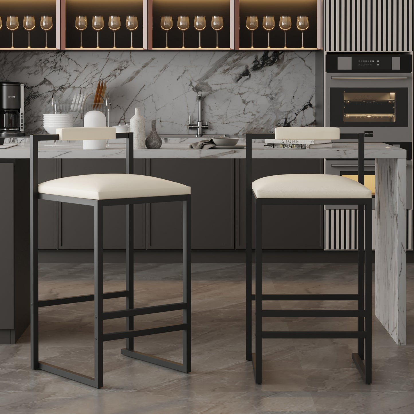Set of 2 Barstools Faux Leather Upholstered Bar Stools Modern Metal Frame Dining Chairs for Counter, Kitchen Island (Beige) W1757P163456