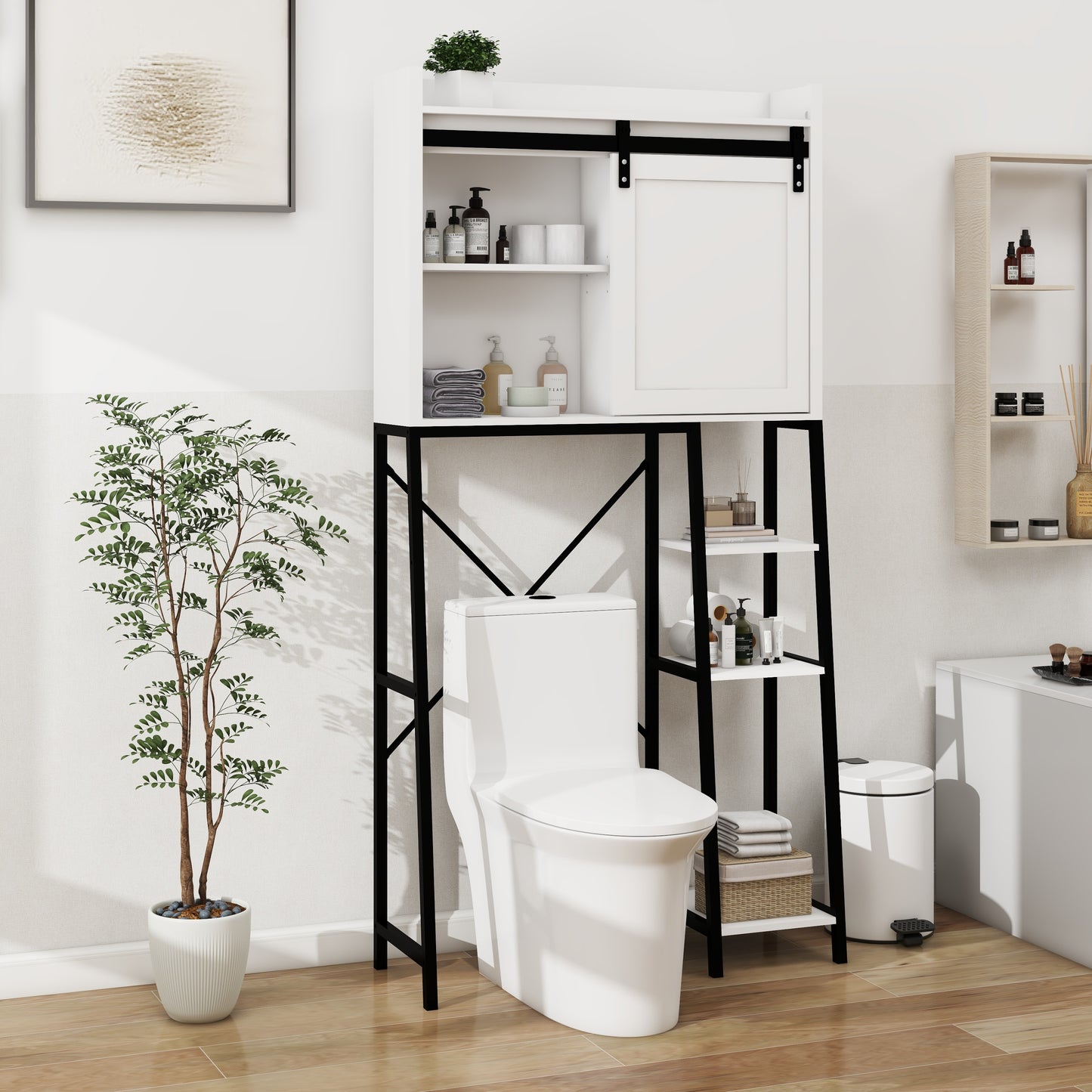 Over The Toilet Storage Cabinet, Bathroom Shelves Over Toilet with Sliding Barn Door,Adjustable Shelves and Side Storage Rack-White W282138090