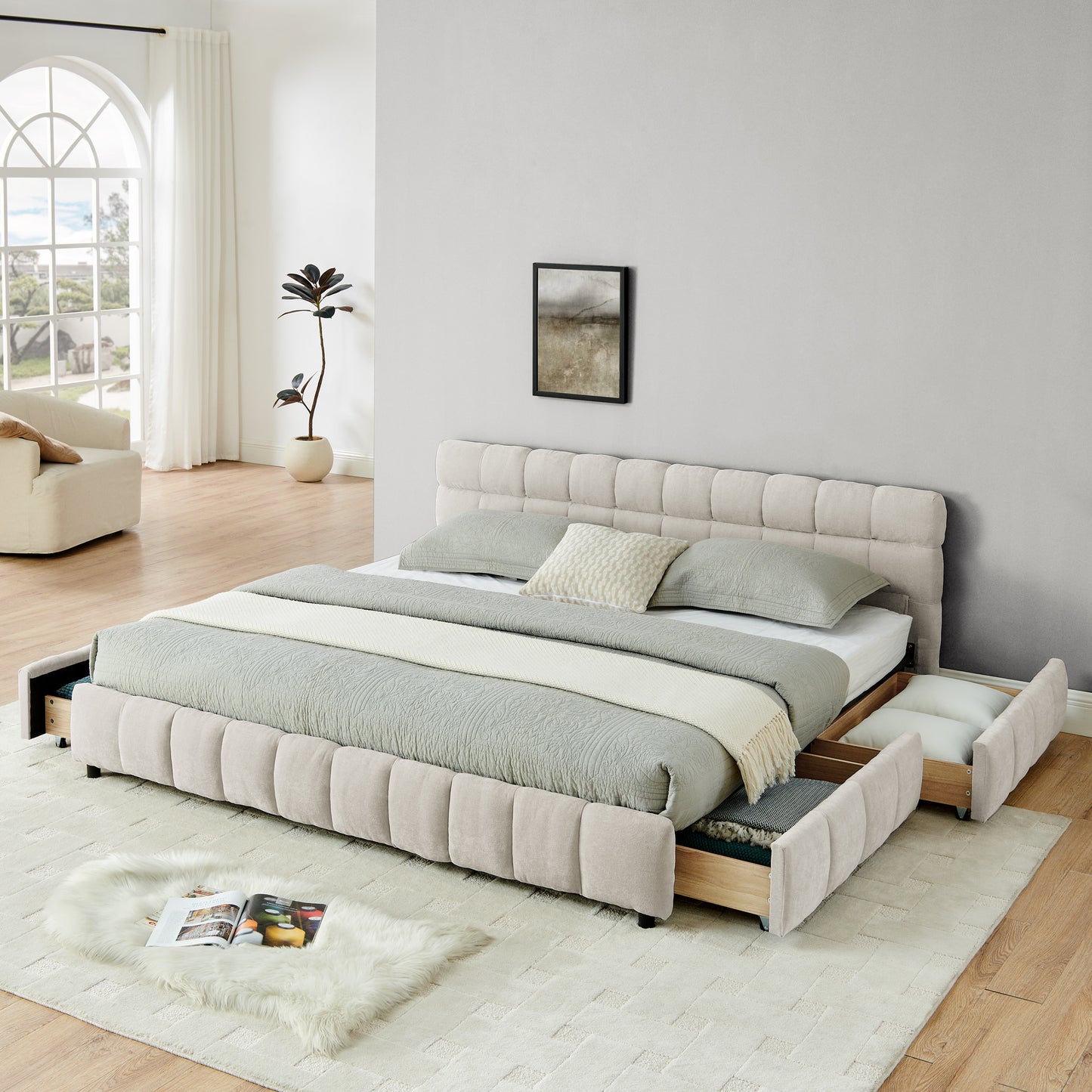King Size Upholstered Bed ,comfortable upholstered bed frame, Chenille fabric, with headboard and solid bed frame. With drawer for storage.-Beige(88.5''*85.5''*31'') W487P235315