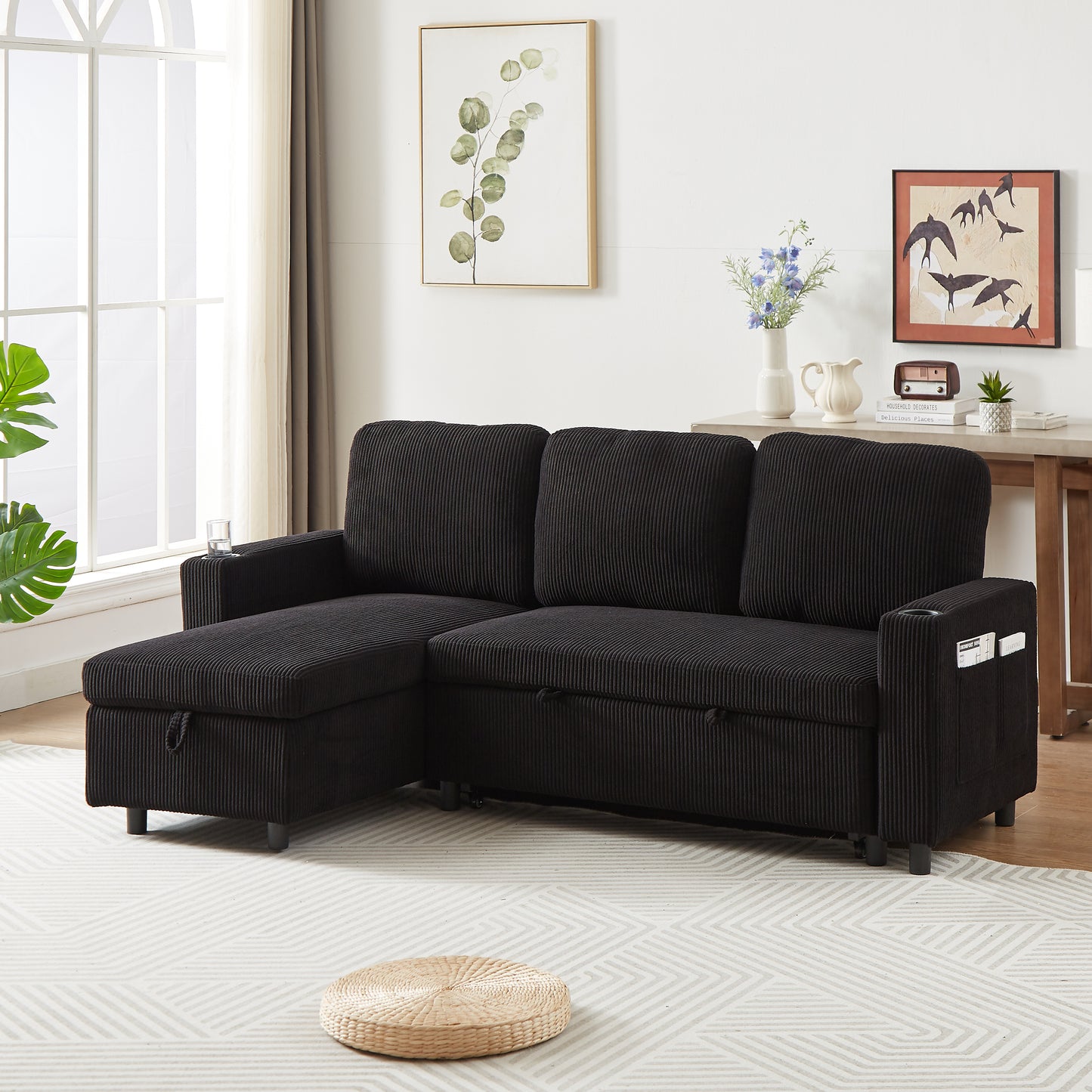 FX78.7' Comfortable Corduroy L-Shaped Combo Sofa Bed, Living Room Furniture Set for Tight Spaces, Reversible Sleeper Combo Sofa with Pullout Bed, Reversible Sofa Bed for Living Room, W1926S00018