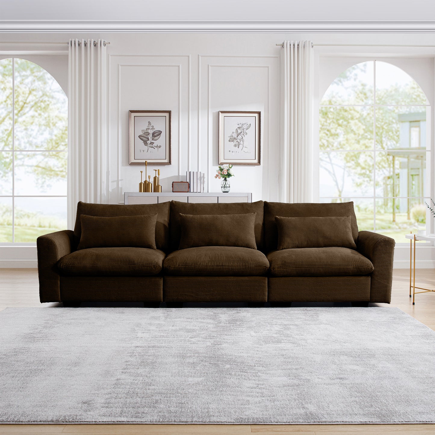 3 Seater Deep Seat Couches for Living Room, Wide and Deep Seat Comfy Living Roo Sofas with 3 Waist Pillows, Brown Corduroy W714S00660