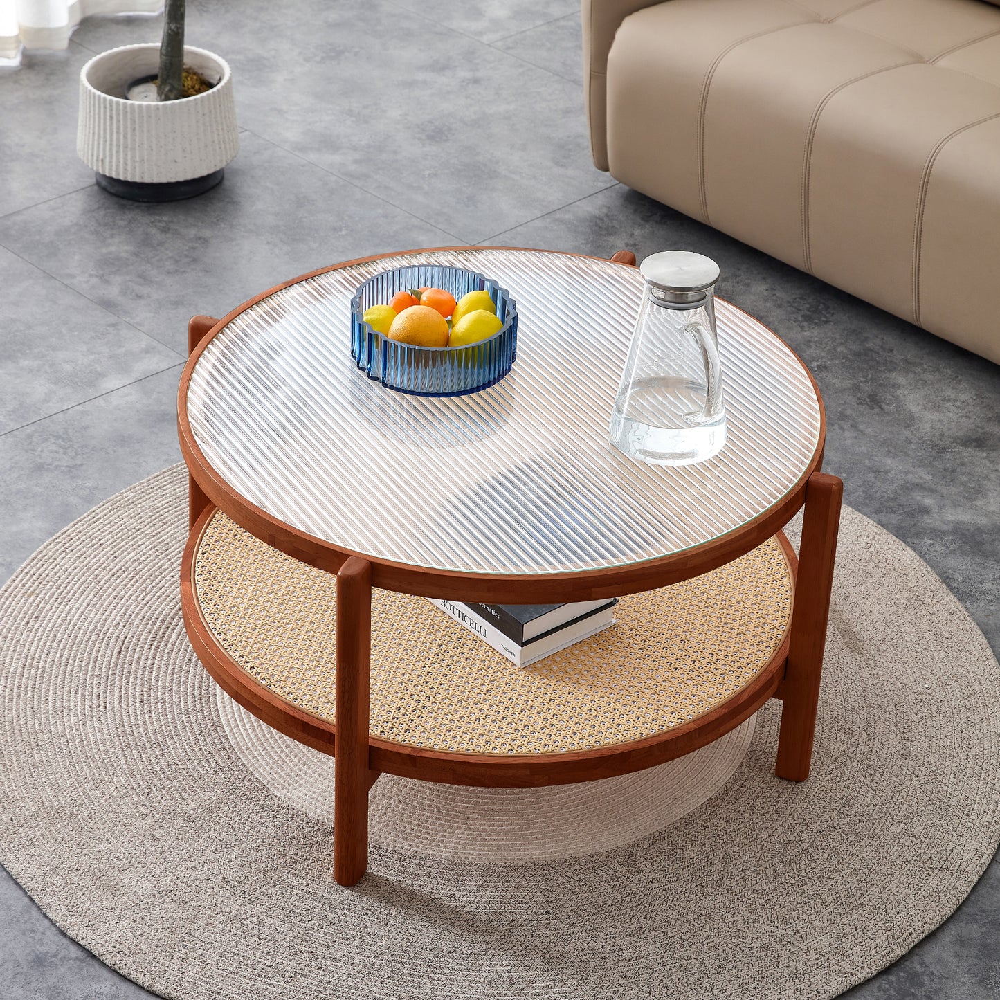 Modern minimalist circular double-layer solid wood coffee table, craft glass tabletop, second layer material: PE rattan, solid wood frame. 34.6 '* 34.6' * 17.7'' W1151104956