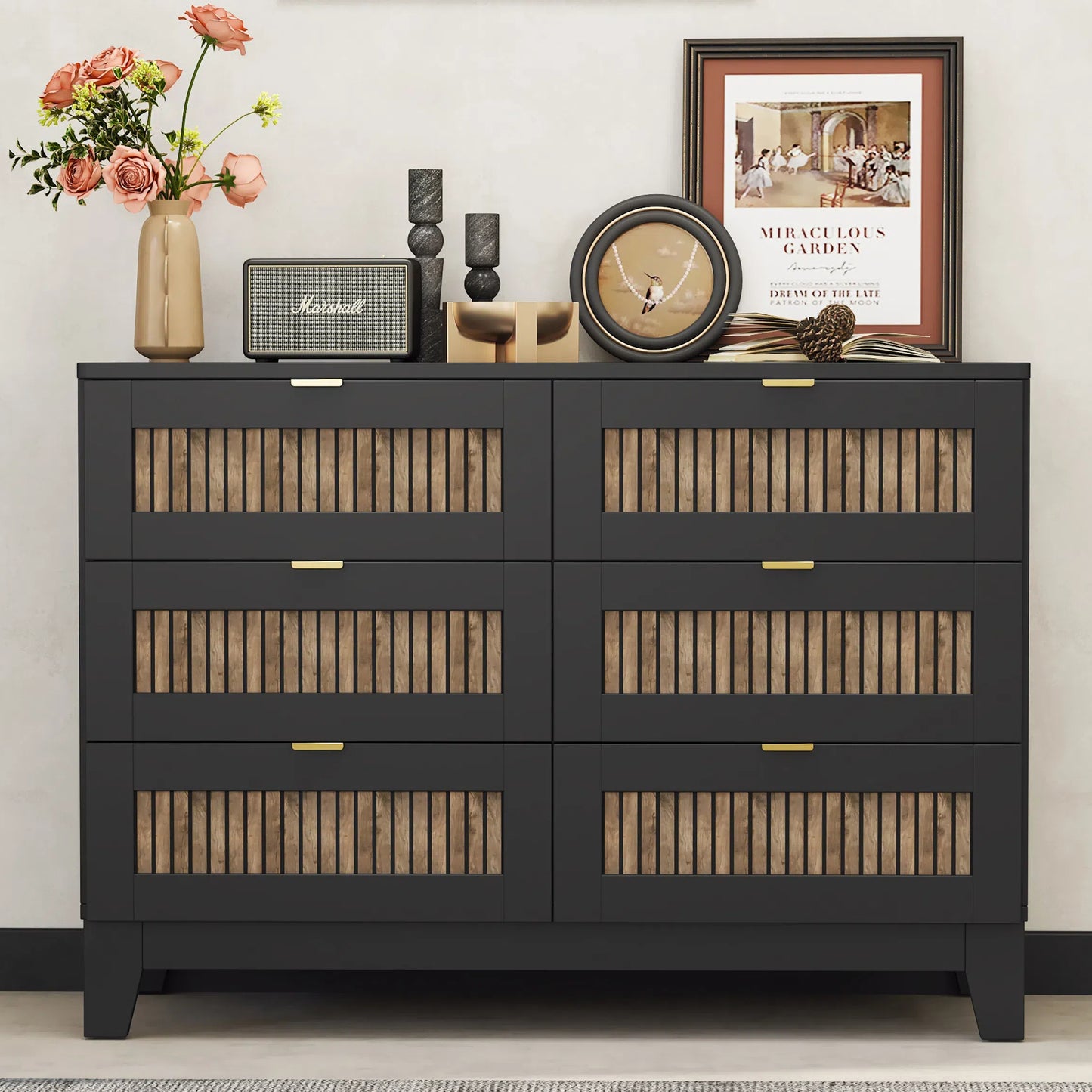 Rustic Farmhouse Style Wooden Dresser with 6 Drawers, Storage Cabinet for Bedroom with Metal Handles, Black WF530908AAB