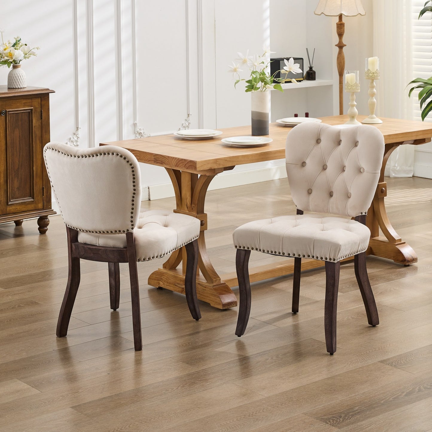 French Vintage Tufted Upholstered Fabric Dining Chair,Set of 2,Beige W1143P214540