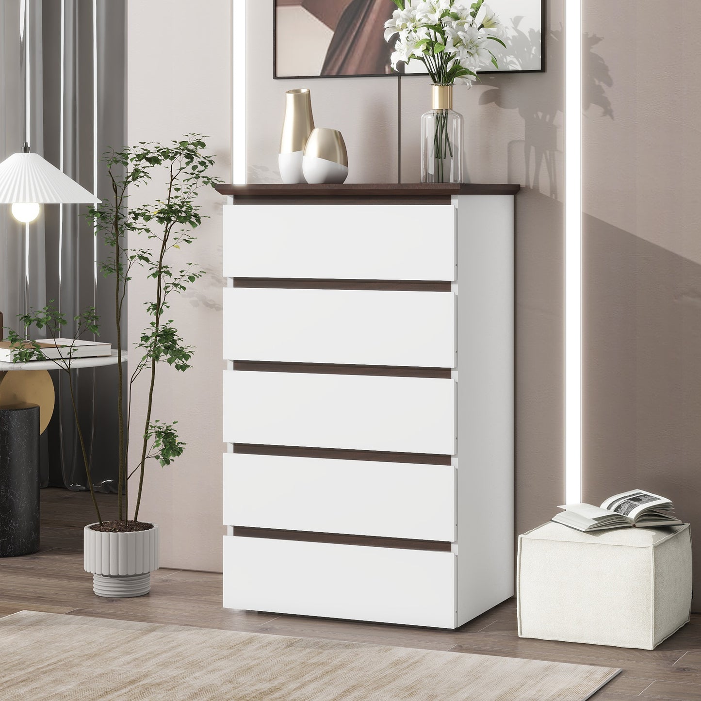 5 Drawer Dresser for Bedroom, Modern Closet Dressers Chest of Drawers, White & Walnut color Storage Dresser Chest Cabinet Organizer Unit W409134195