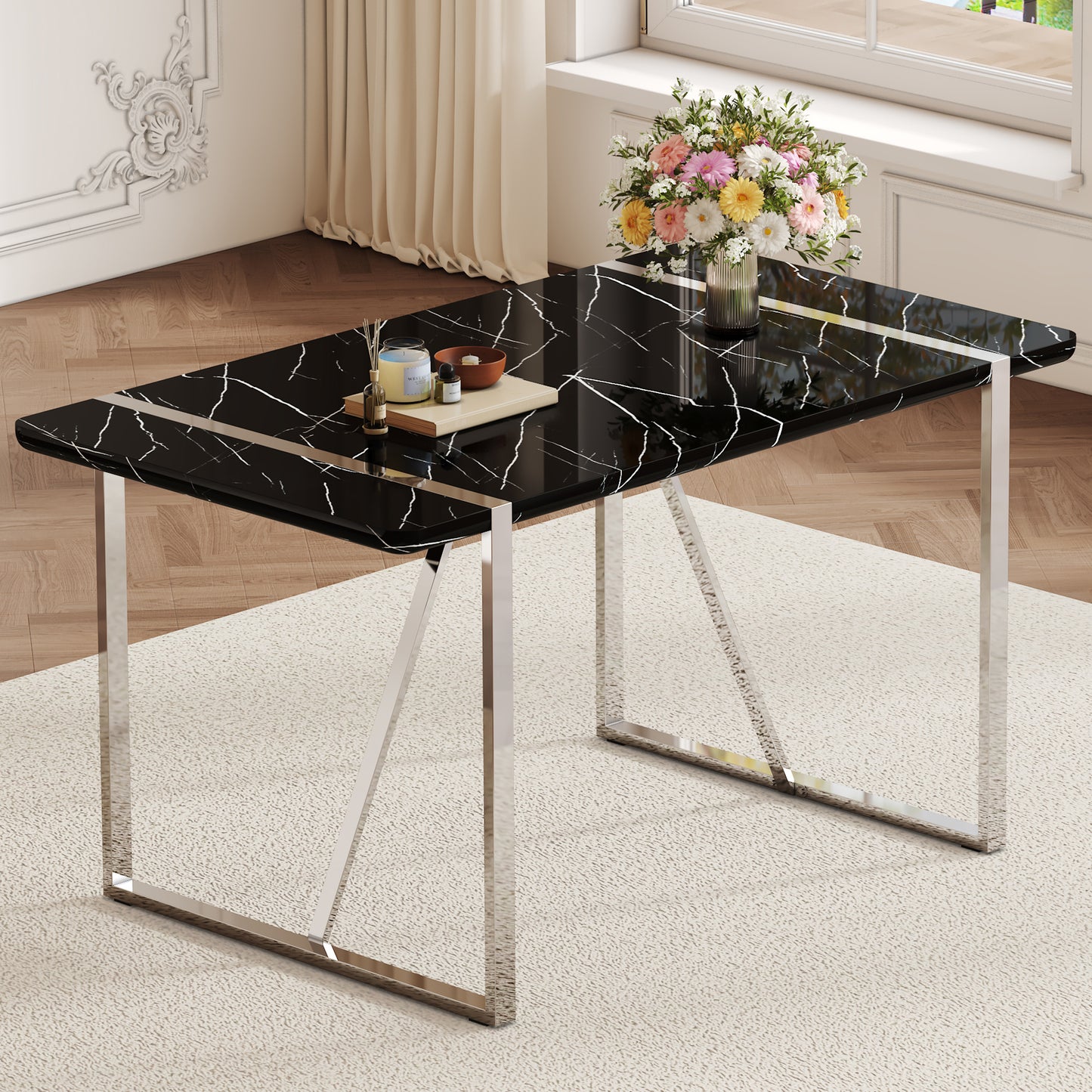 A rustic industrial rectangular MDF black dining table for 4-6 people, with a 1.5 'thick MDF desktop and electroplated metal legs, used for writing tables, kitchens, terraces, dining rooms55'*31.5*30 W1151P172403