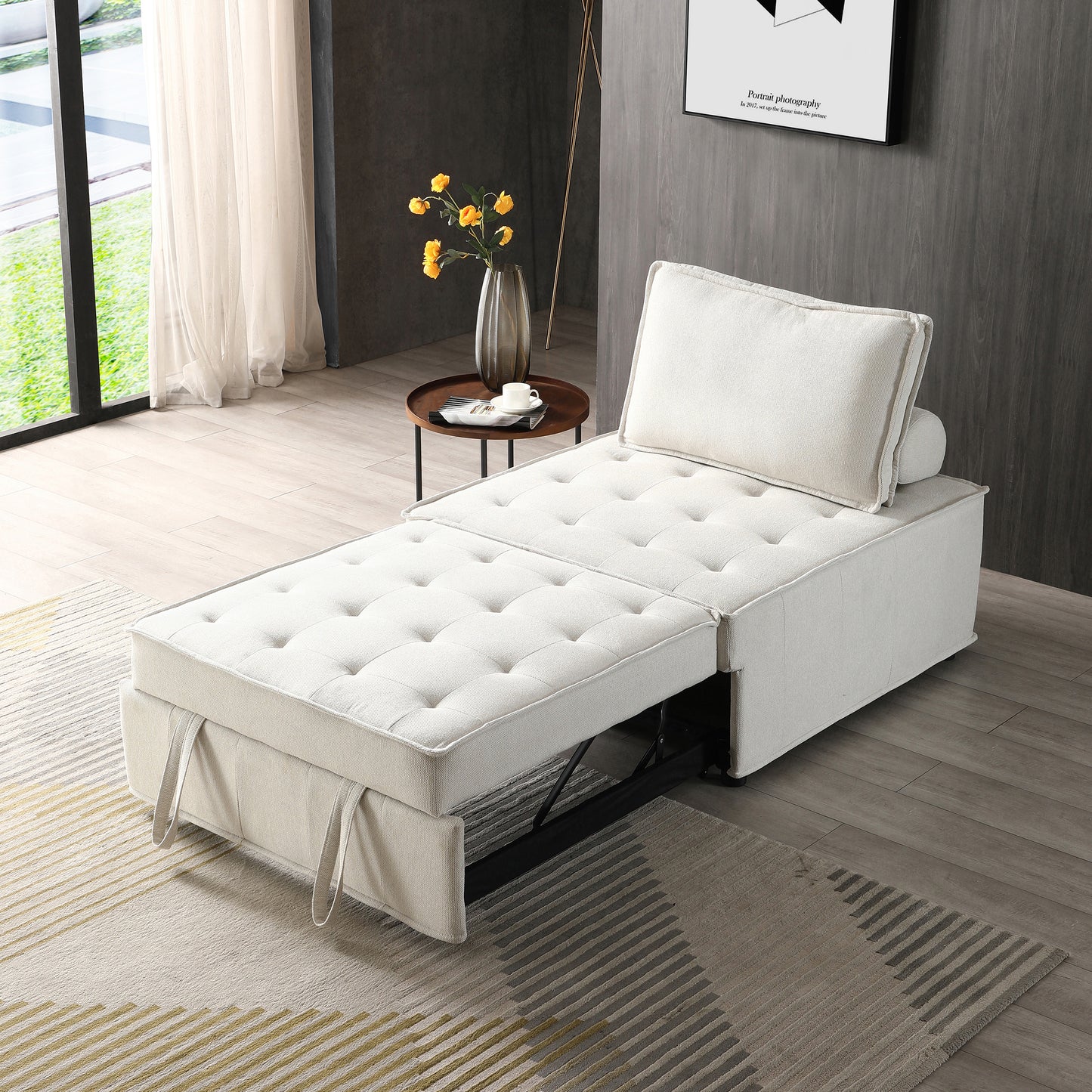 Multipurpose Linen Fabric Ottoman Lazy Sofa Pulling Out Sofa Bed (Beige) W1097109513