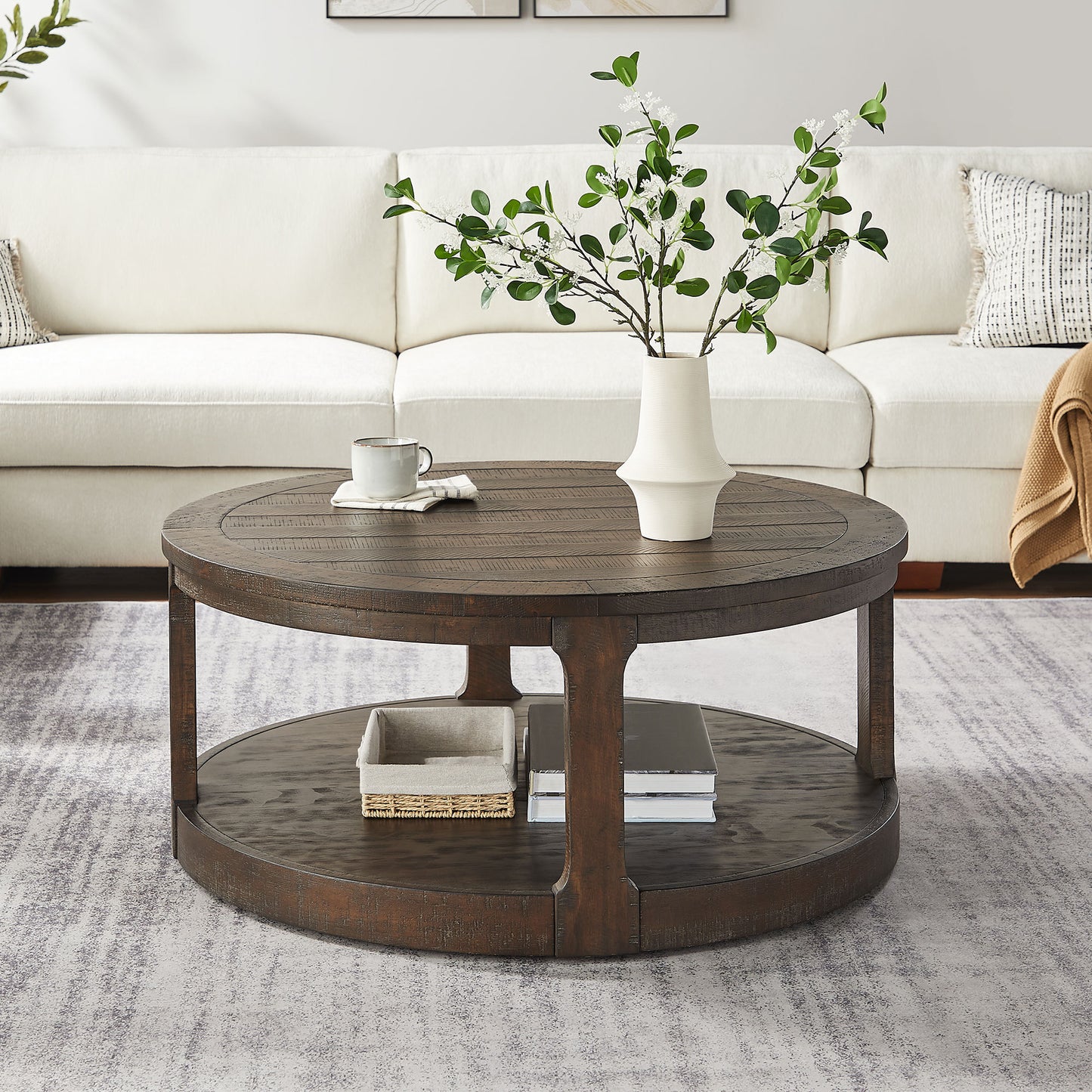 40inch Large Curved 2 Tier Traditional Round Circle Wooden Center Coffee Table,Mid Century Rounded Table with Wheels ,Rustic Style Table for living Room,Office,Apartment,Brown W2582P202642