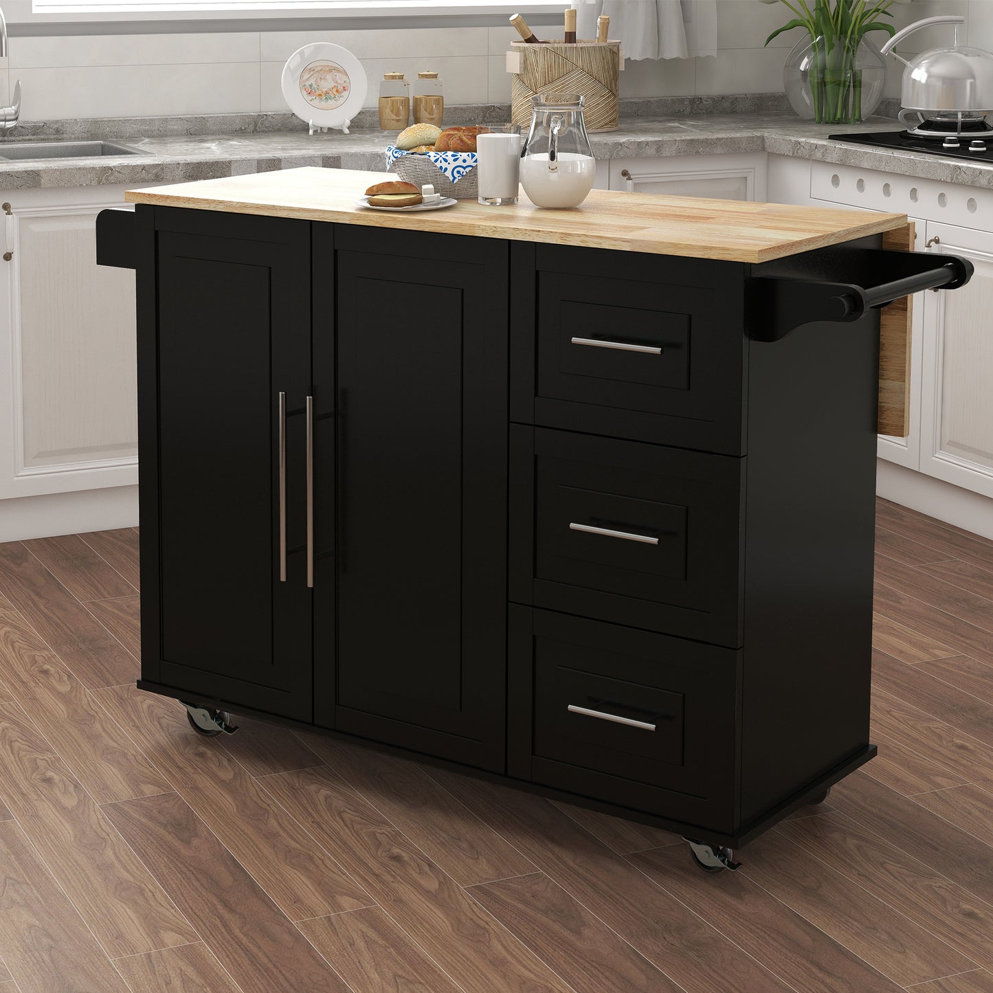 Kitchen Island with Spice Rack, Towel Rack and Extensible Solid Wood Table Top-Black W282S00030