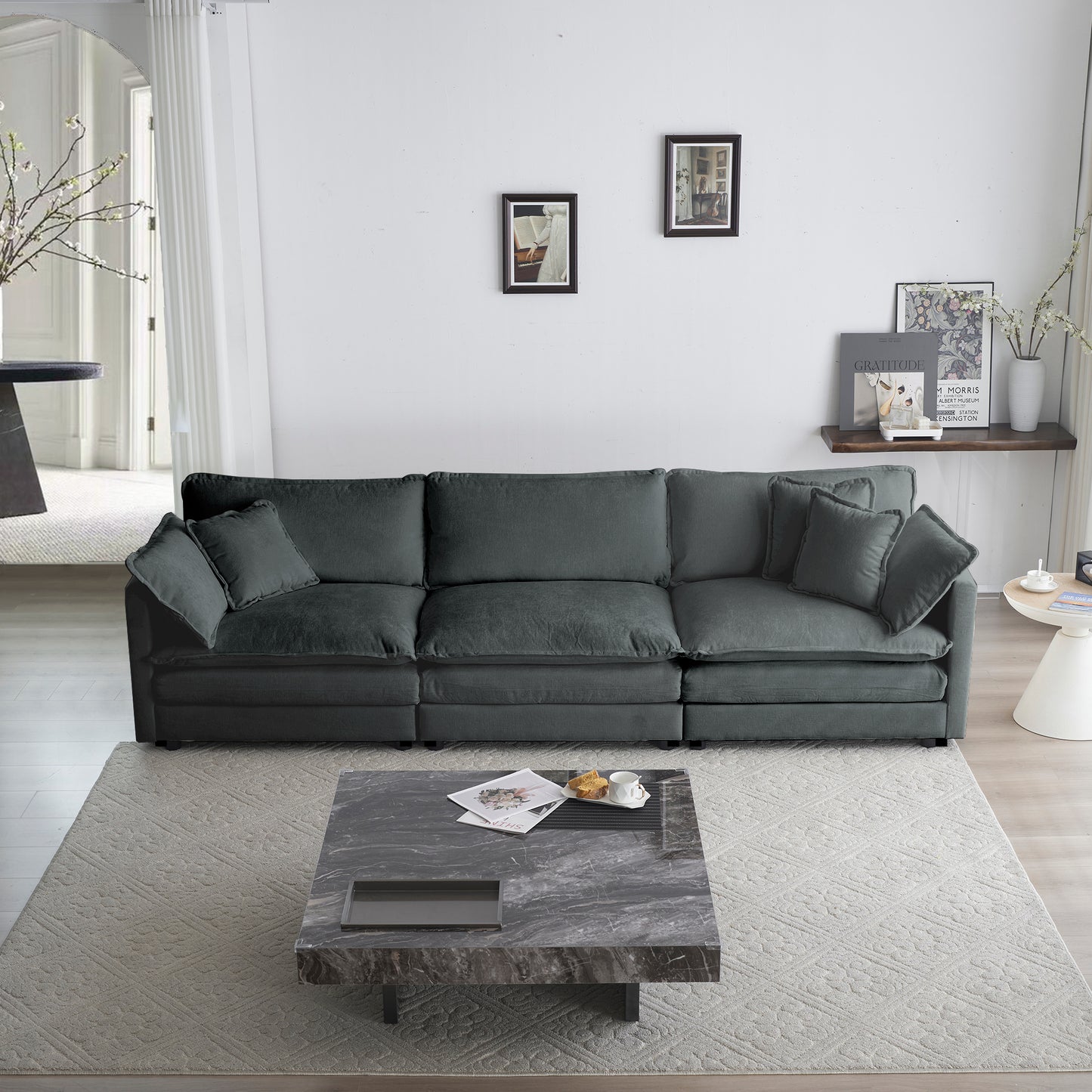 Mid-Century Modern Couch 3-Seater Sofa with 2 Armrest Pillows and 3 Toss Pillows, Couch for Living Room Gray Chenille W714S00988
