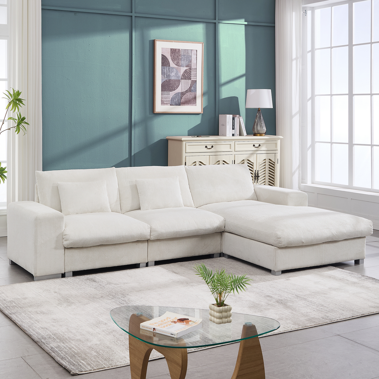 Nordic-style L-shaped flannel fabric sofa Wooden frame combination sofa Minimalist living room W2795S00030