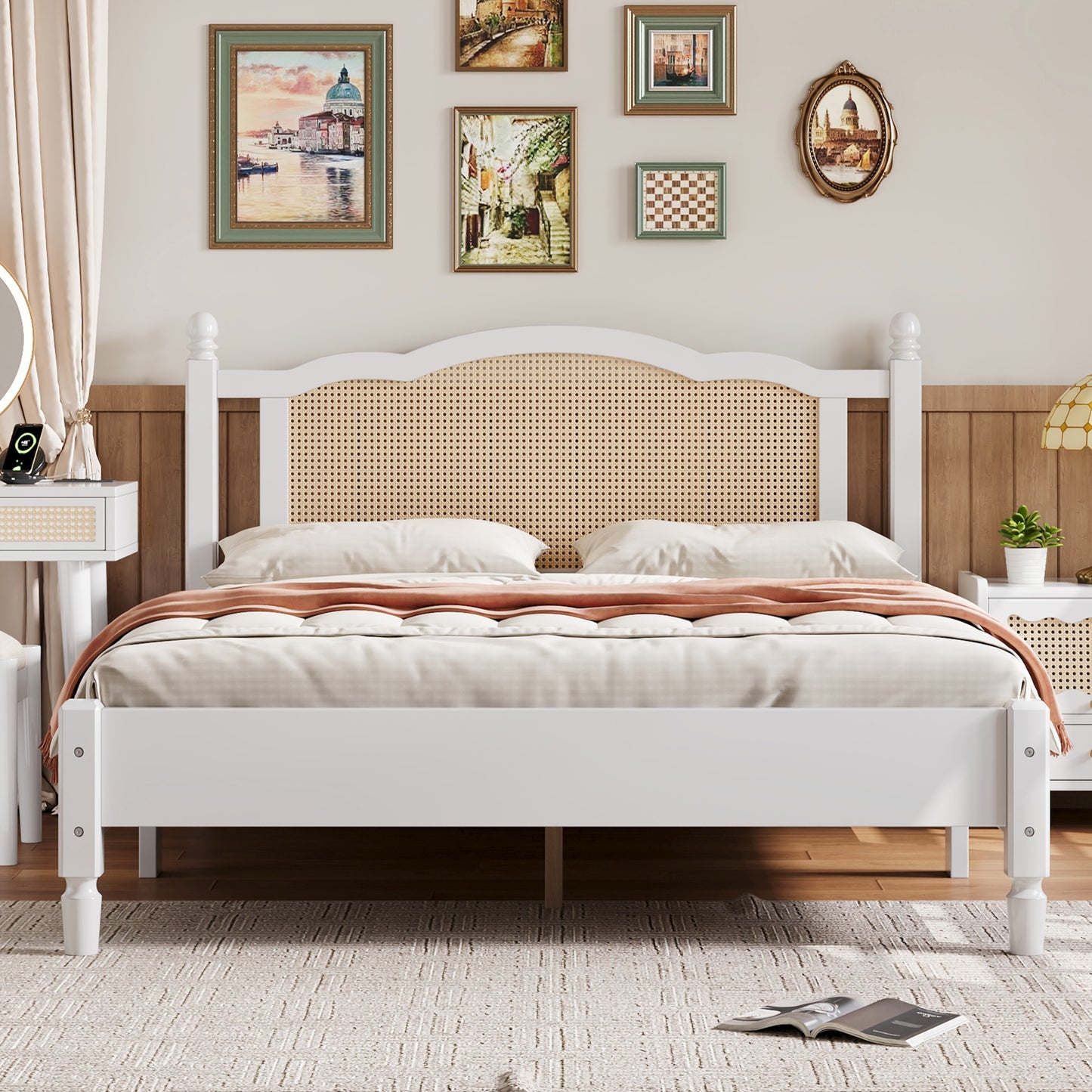 Queen Size Wooden Platform Bed with Natural Rattan Headboard, Vintage Bed Frame with Wooden Slat Support, White N733P180013K