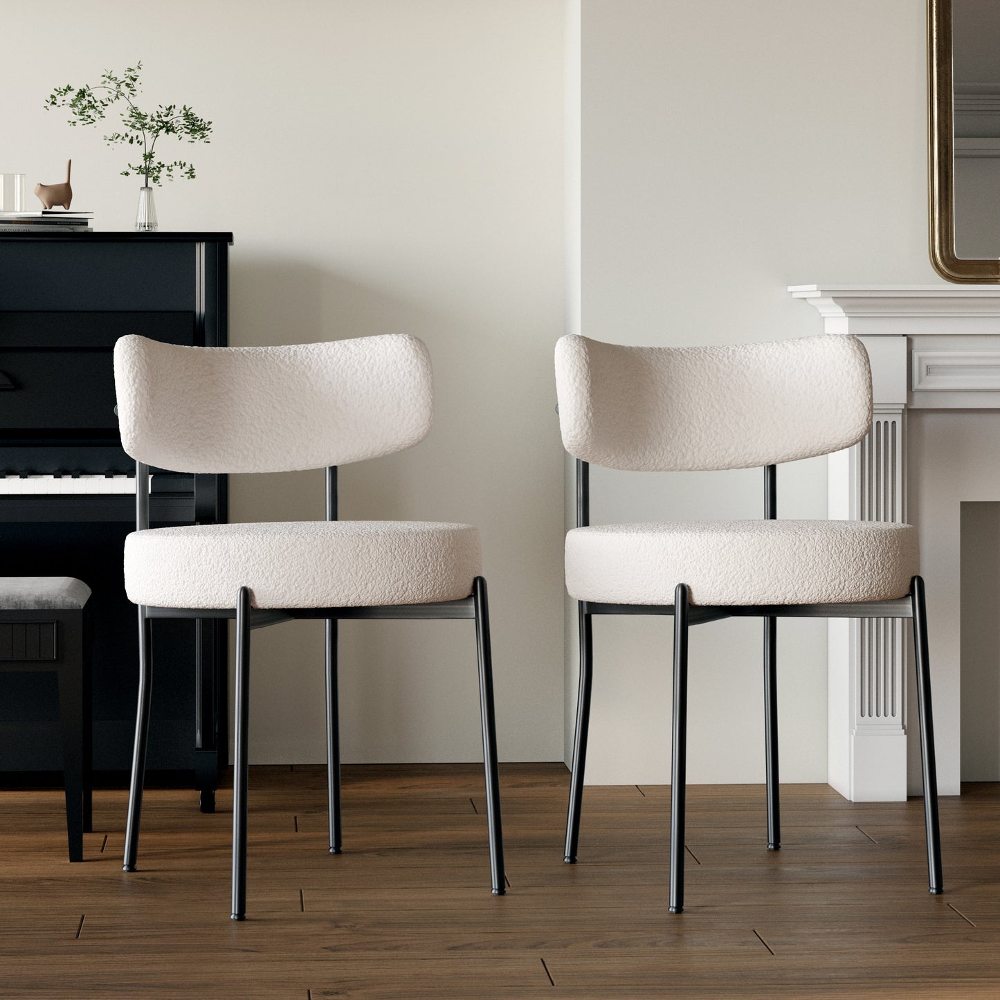 White Dining Chair Set of 2, Mid-Century Modern Dining Chairs, Kitchen Dining Room Chairs, Curved Backrest Round Upholstered Boucle Dining Chair with Black Metal Legs W2189138693