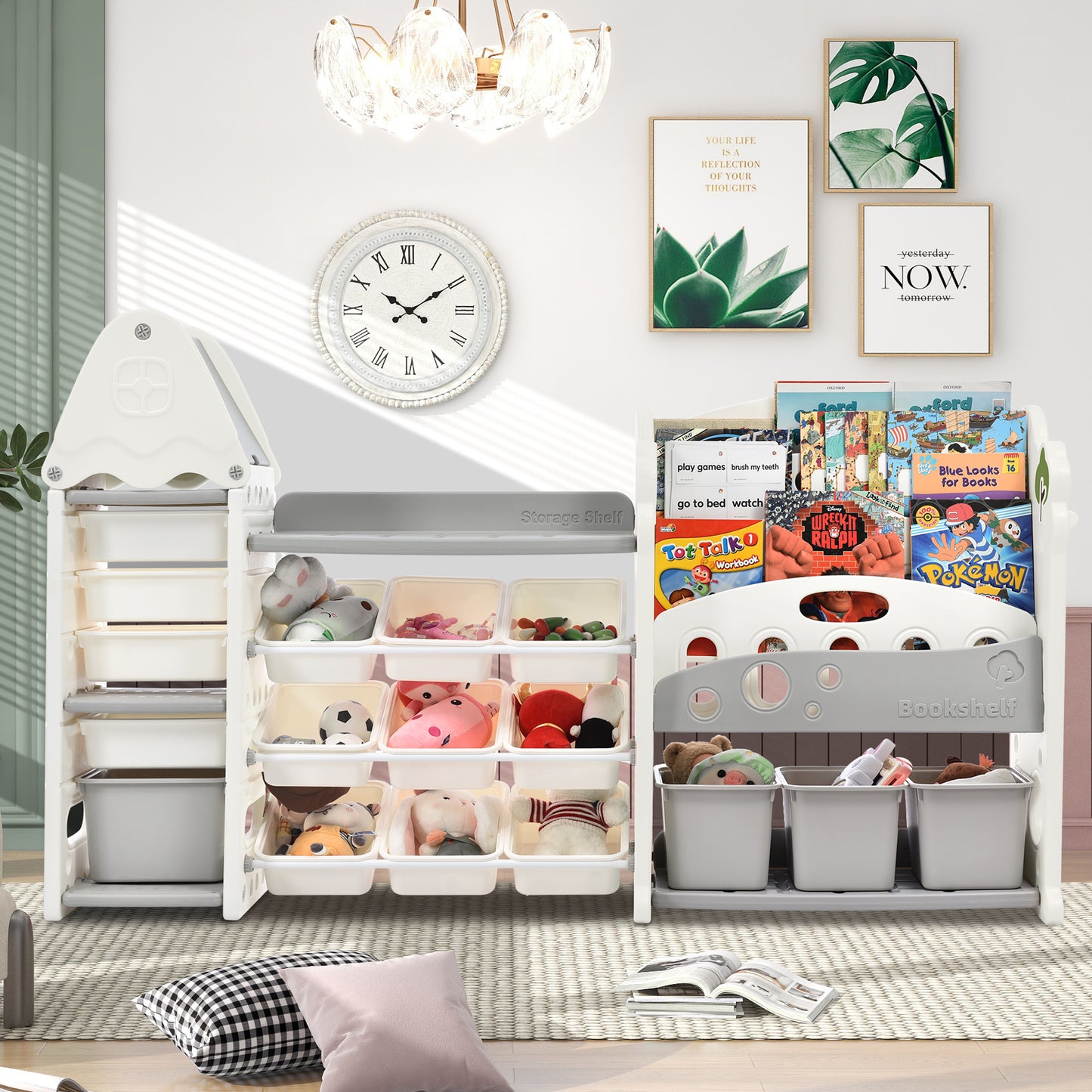 Kids Bookshelf Toy Storage Organizer with 17 Bins and 5 Bookshelves, Multi-functional Nursery Organizer Kids Furniture Set Toy Storage Cabinet Unit with HDPE Shelf and Bins PP300106AAE