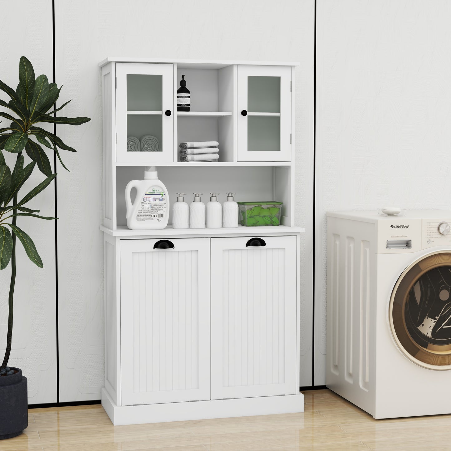 Two-Compartment Tilt-Out Dirty Laundry Basket Tall Bathroom Cabinet with 2 Adjustable Shelves-White W1120S00001