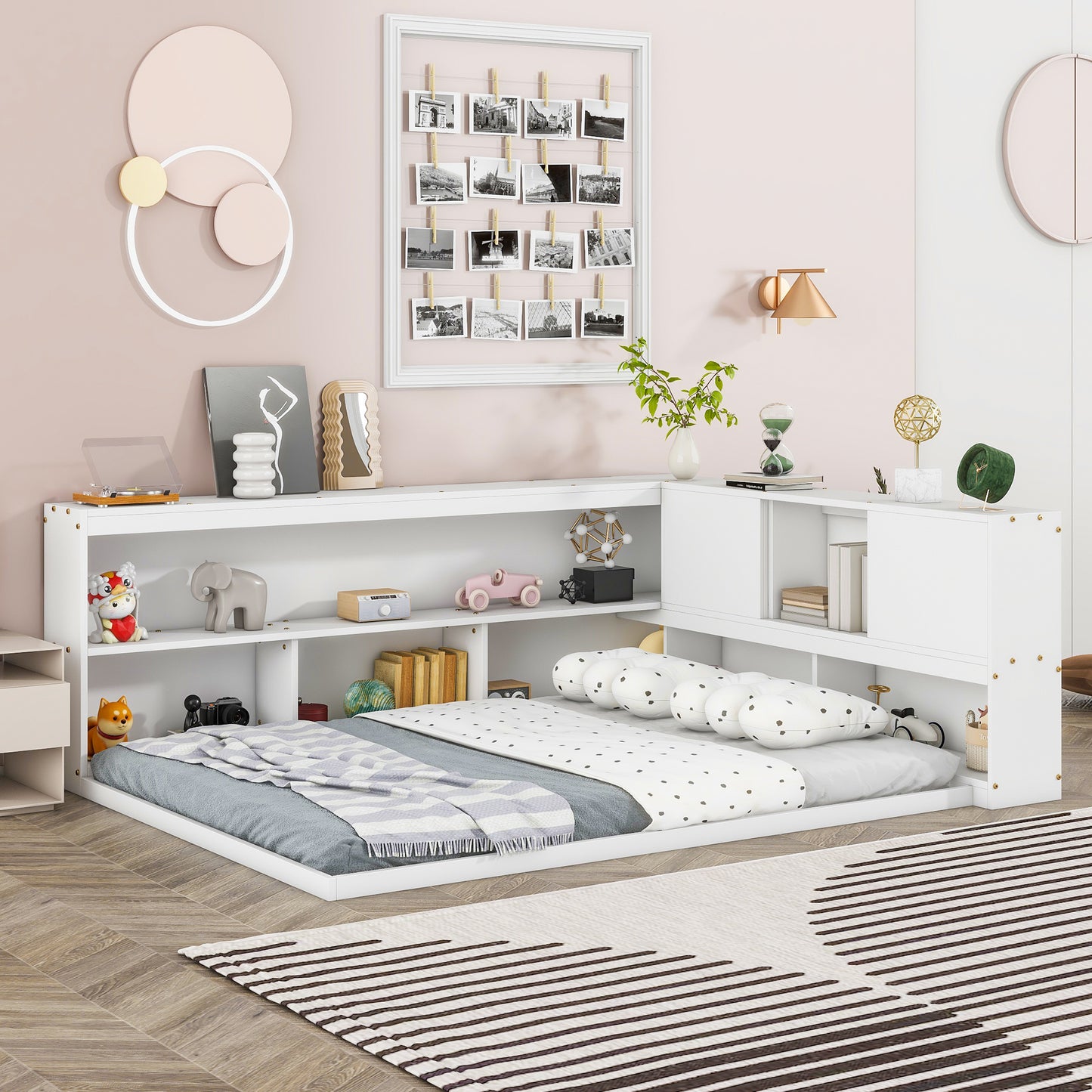 Full Floor Bed with L-shaped Bookcases, sliding doors,without slats,White W504P146192