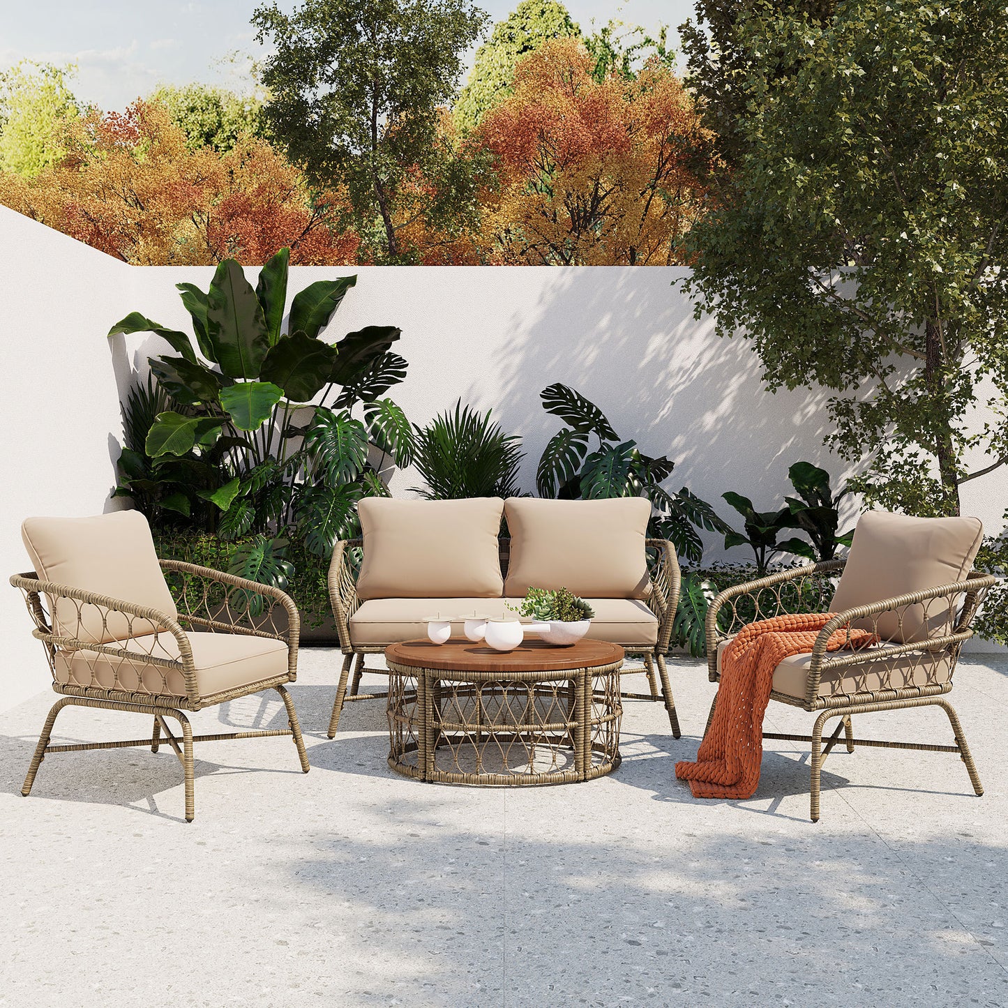 GO Bohemia-inspired 4-Person Outdoor Seating Group With Removable Cushions, Conversation Patio Set With Wood Tabletop, Beige FG201236AAA
