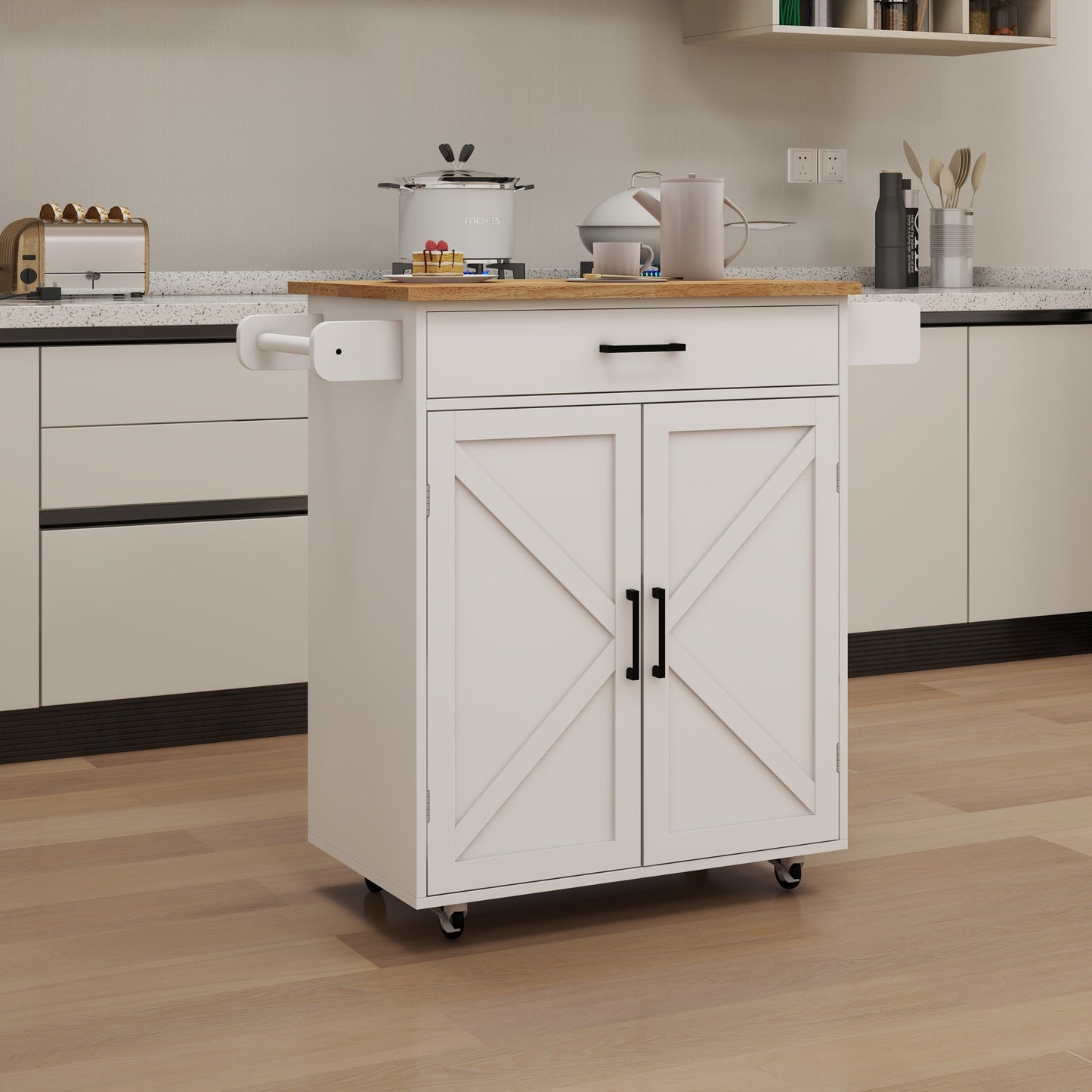 Kitchen island rolling trolley cart with Adjustable Shelves & towel rack & seasoning rack rubber wood table top-White W282108546