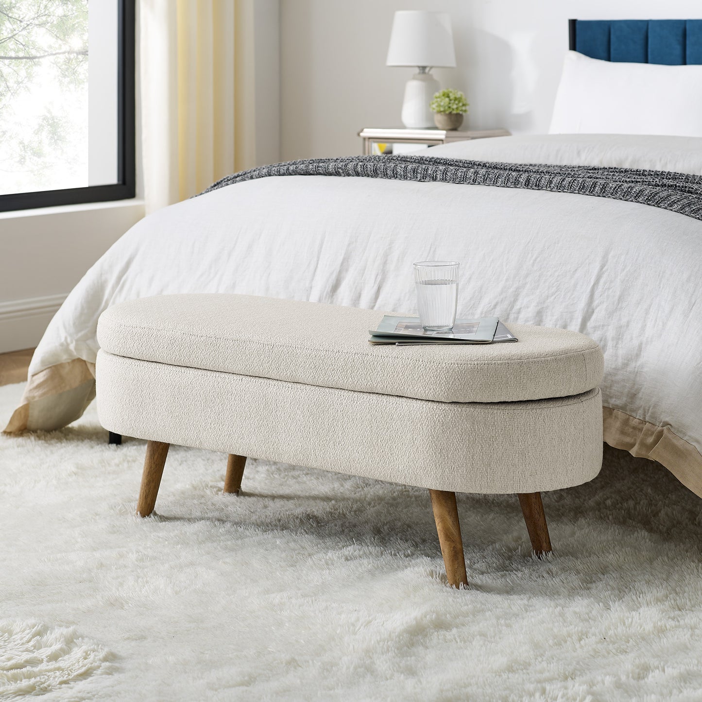 Ottoman Oval Storage Bench,Rubber Wood Legs, Beige(43.5'x16'x16') W48746798