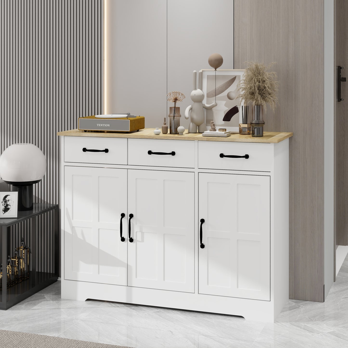Farmhouse Buffet Cabinet Storage Sideboard with 3 Drawers and 3 Doors for Dining Living Room Kitchen Cupboard-White W282138084