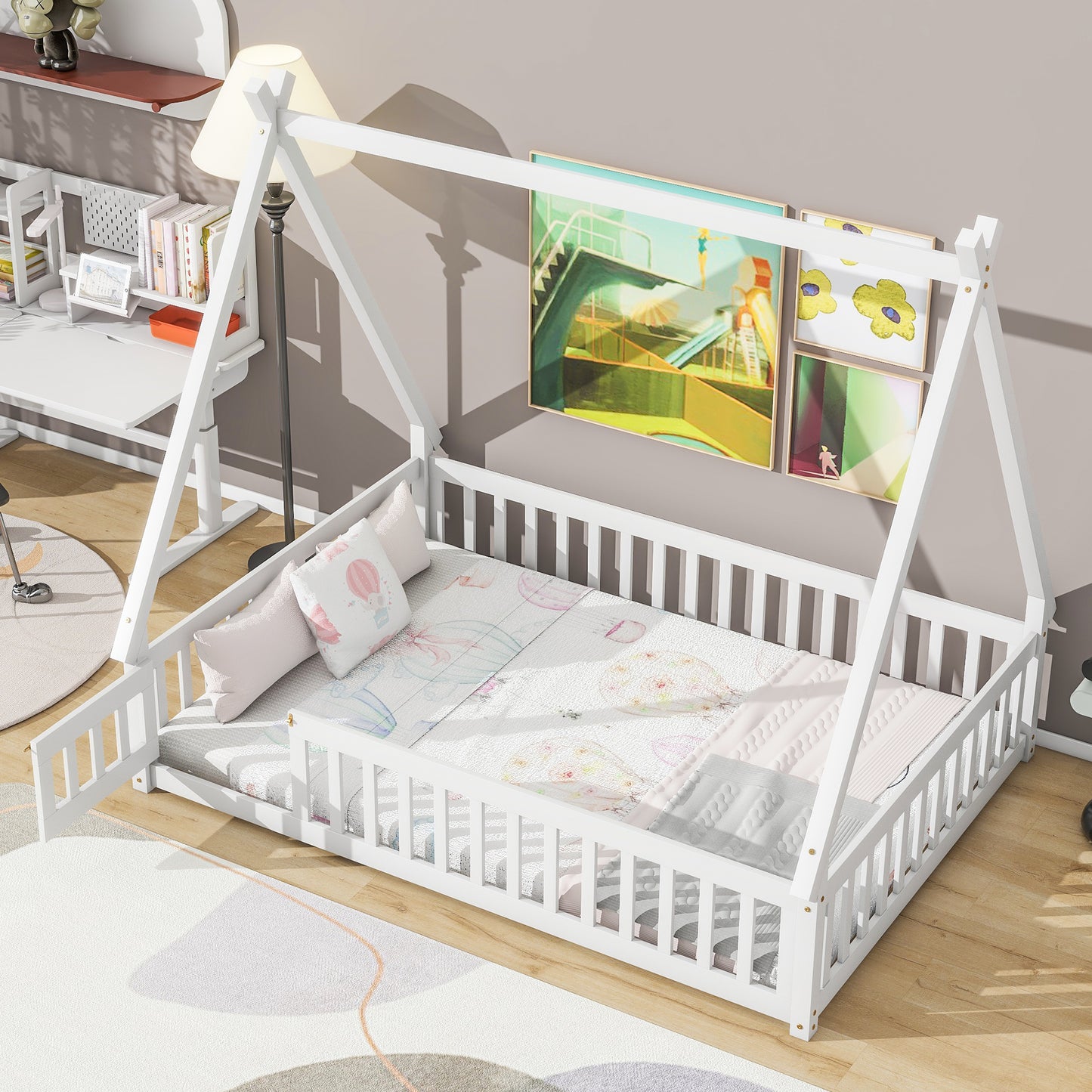 Full Tent-shaped Floor Bed, with Guardrails, Slats, Door ,White W504119507