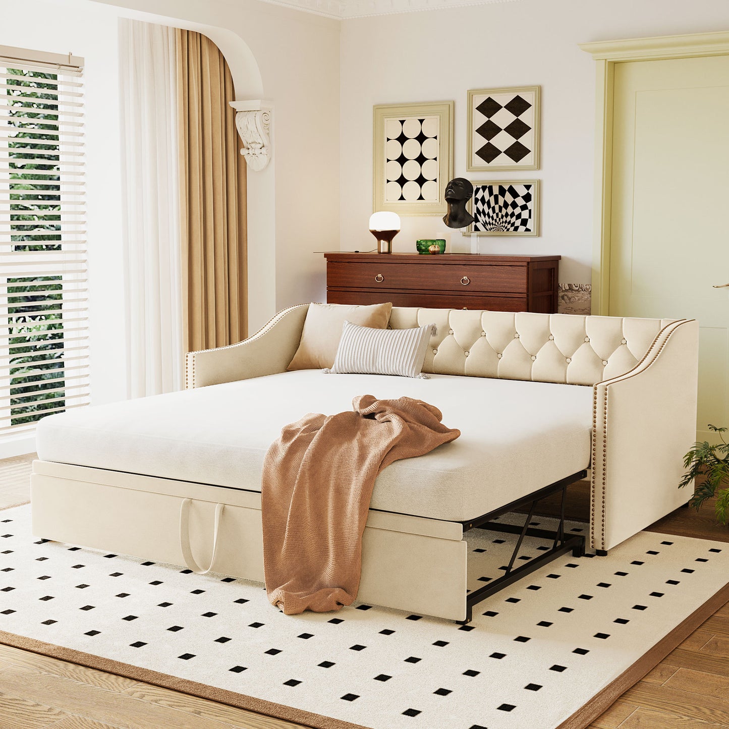 Twin Size Upholstered daybed with Pop Up Trundle, Beige SF000133AAA