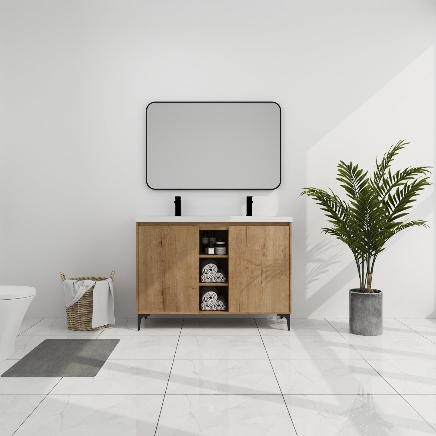48' Freestanding Bathroom Vanity With Double Sink, Soft Closing Door Hinge (KD-Package)-BVB07148IMOX-GRB4840D W999S00104