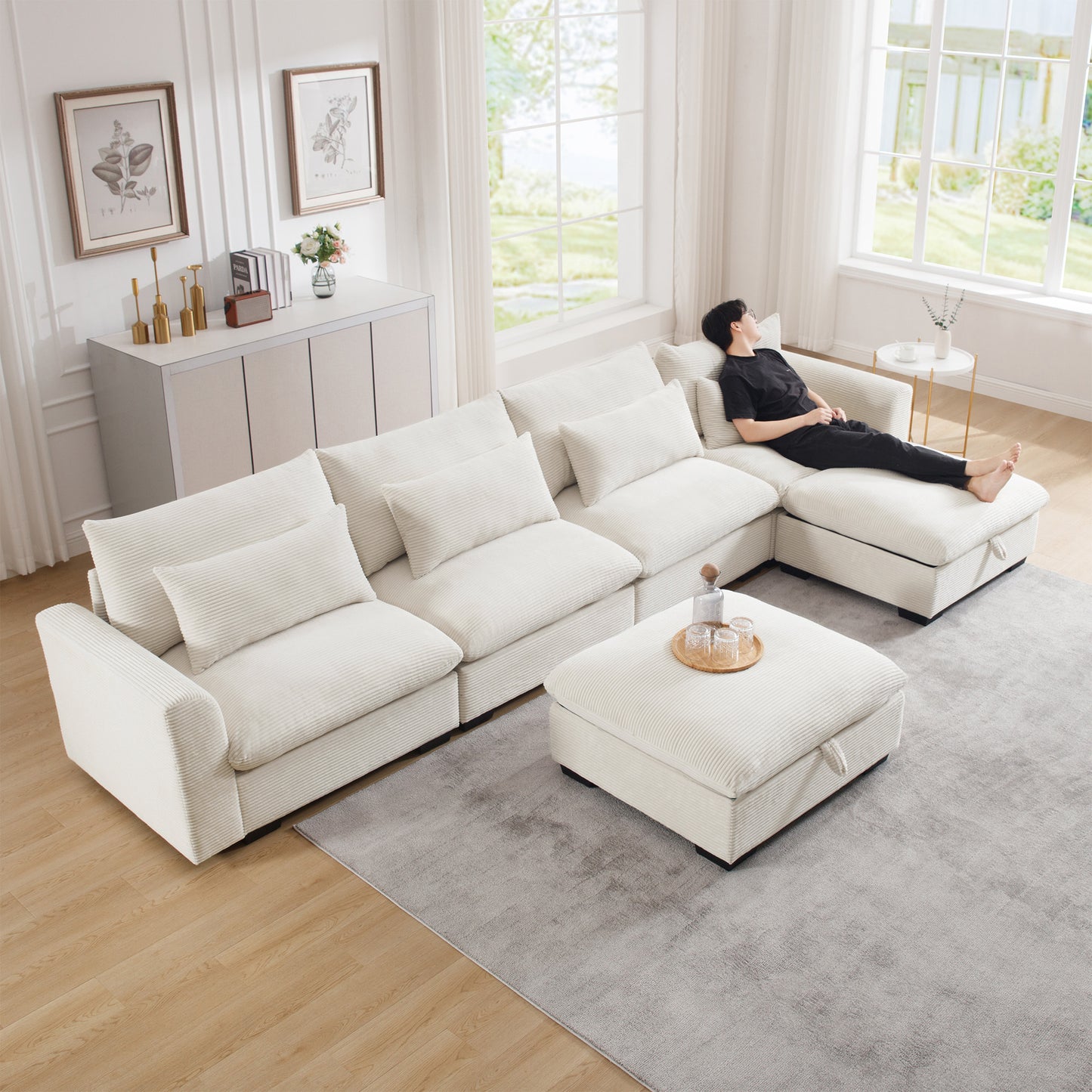 Big Deep Seat U-Shaped Corduroy Sectional Couches for Living Room, 4 Seater Sofa Couch with 2 Storage Footstool and 4 Waist Pillows (Corduroy, Beige) W714S00644