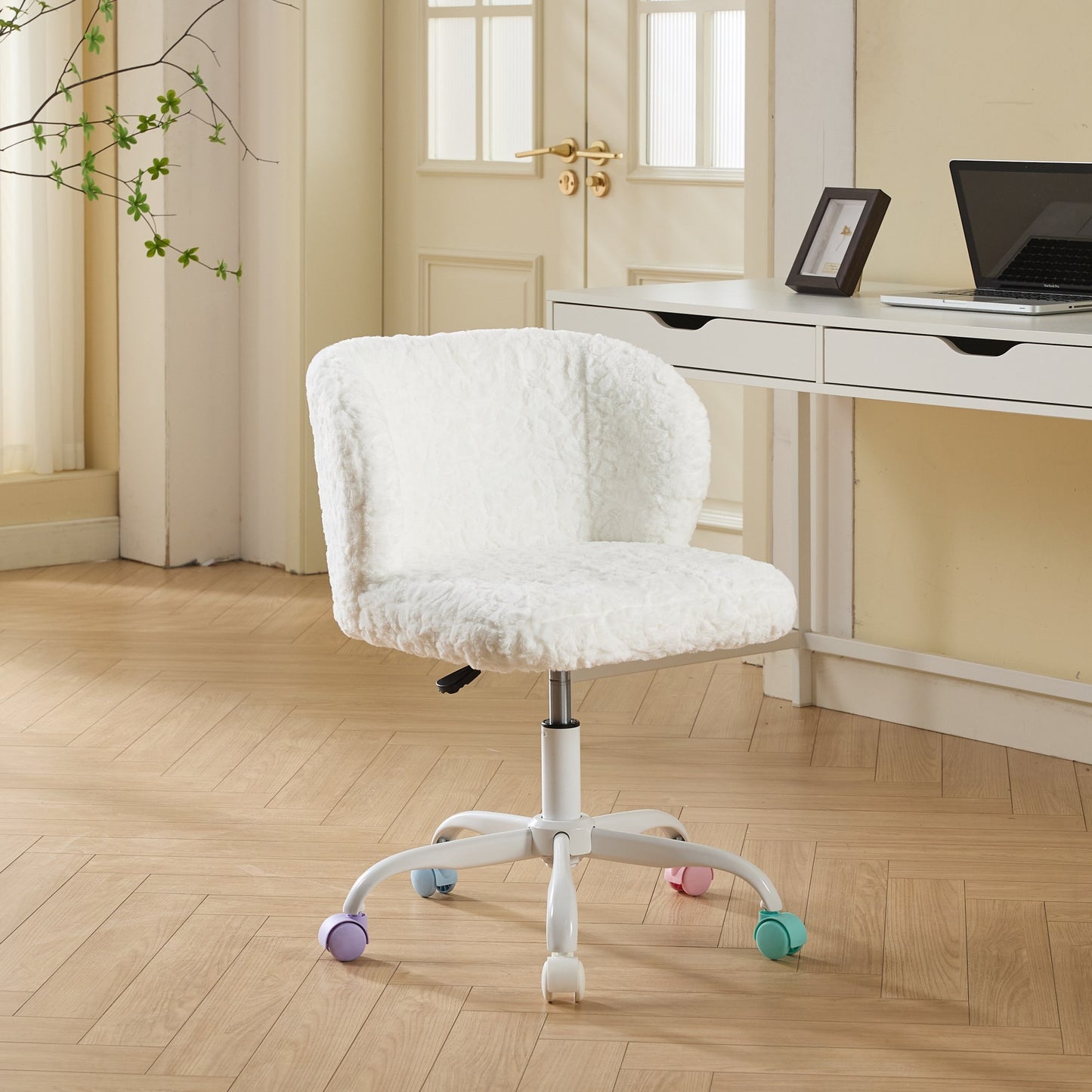A&A Furniture Office Chair,Artificial rabbit hair Home Office Chair with Metal Base,Adjustable Desk Chair Swivel Office Chair,Vanity Chair(Ivory) W1143P324154