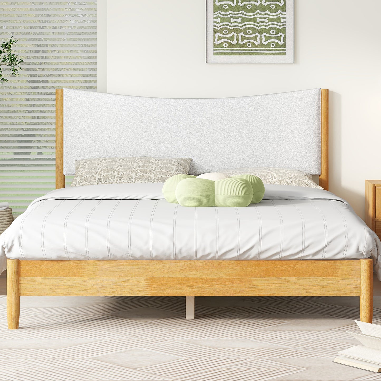 Queen Size Rubber Wooden , Solid Wooden Bed with Teddy Velvet Cushion Upholstered Headboard, Enhanced by Support Feet,Beech White W504P184308
