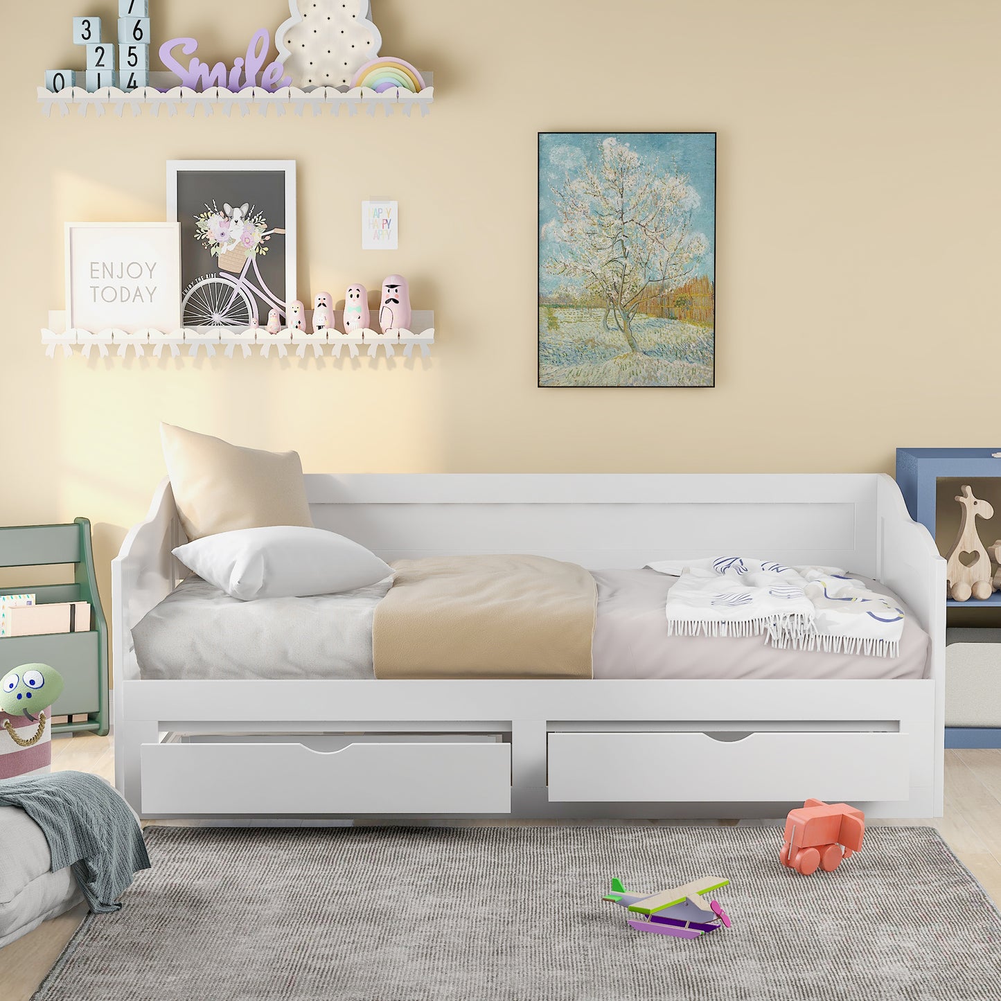 Wooden Daybed with Trundle Bed and Two Storage Drawers , Extendable Bed Daybed,Sofa Bed with Two Drawers, White LP000519AAK