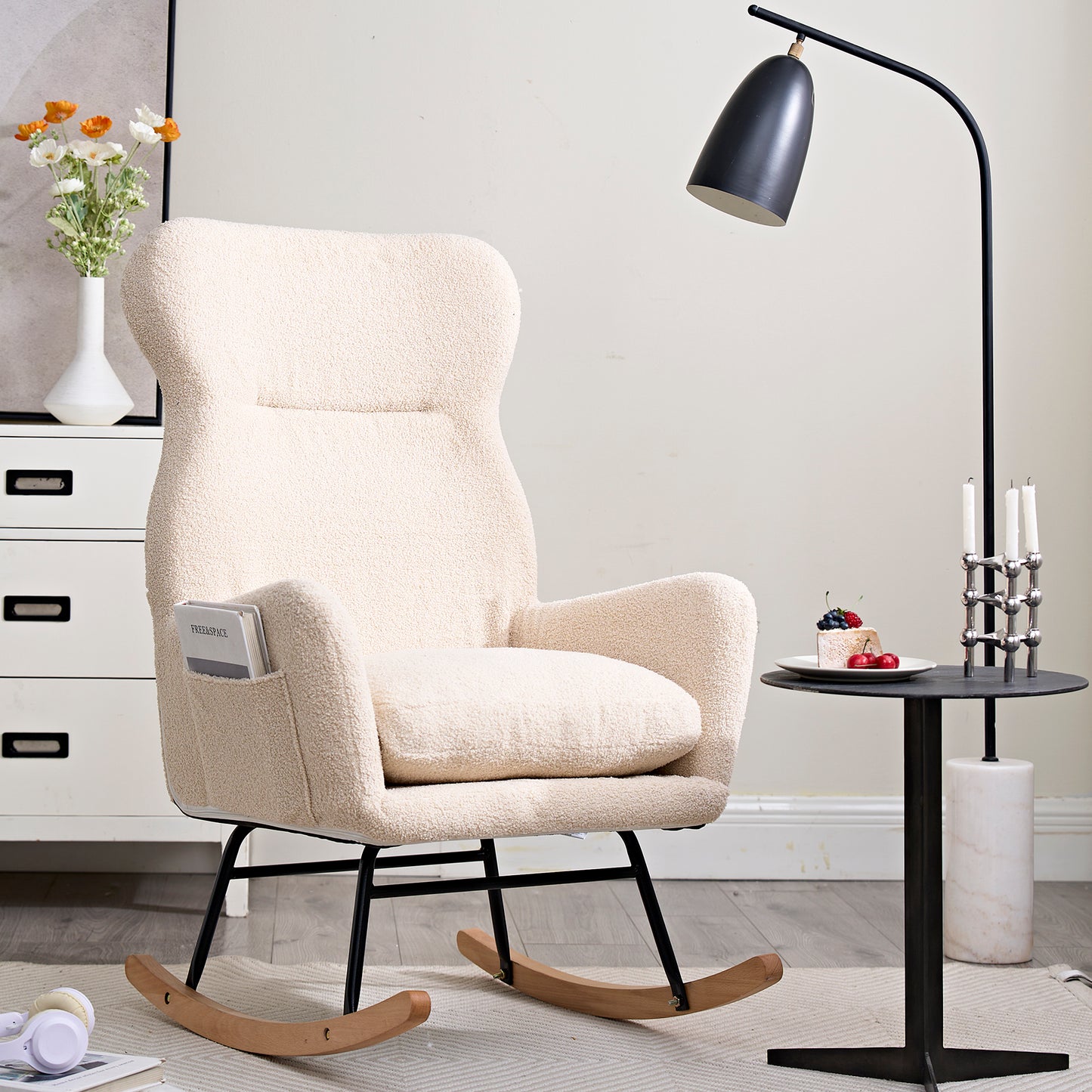 Modern Rocking Chair with High Backrest,Teddy Material Comfort Arm Rocker, Lounge Armchair for Living Room W244134105