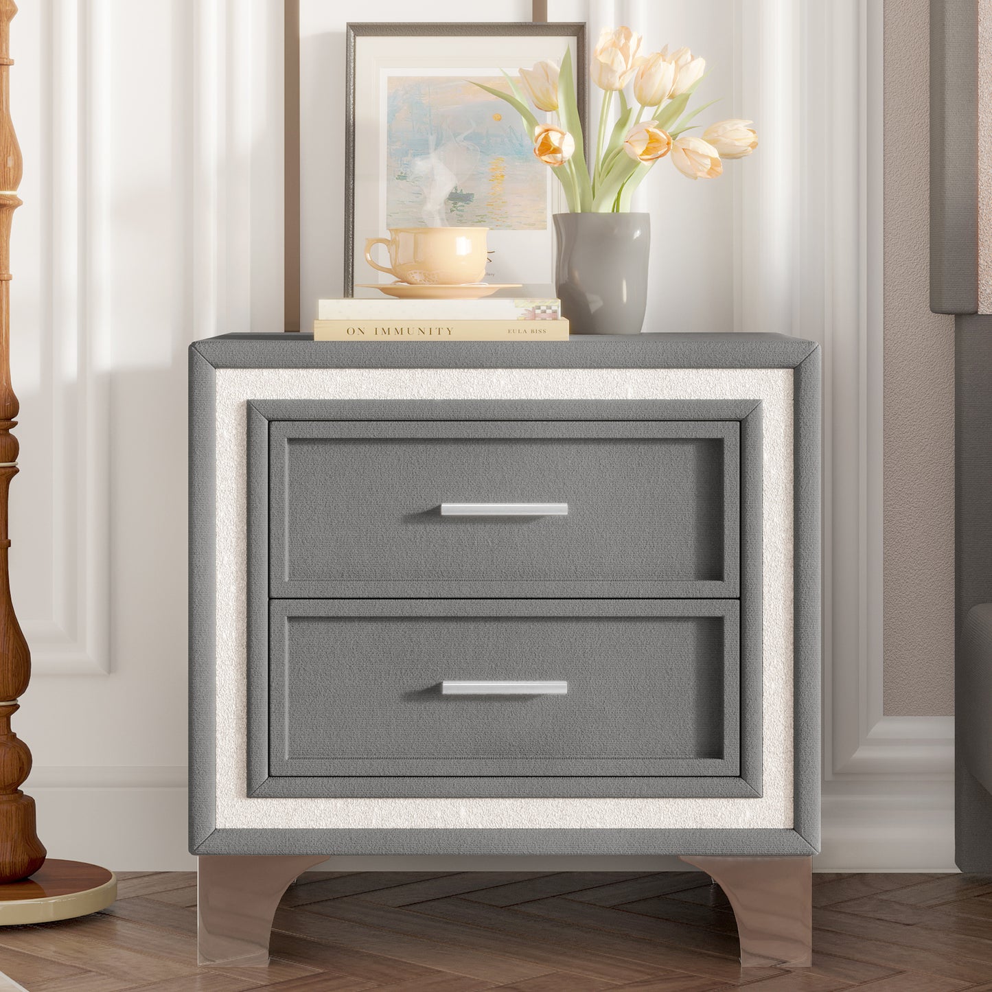 Mid Century Vintage Nightstand with Silver Glitter Strip Decor and Metal Legs, Velvet Bedside Table with 2 Drawers, Fully Assembled Except Legs and Handles, Gray N733P183659E