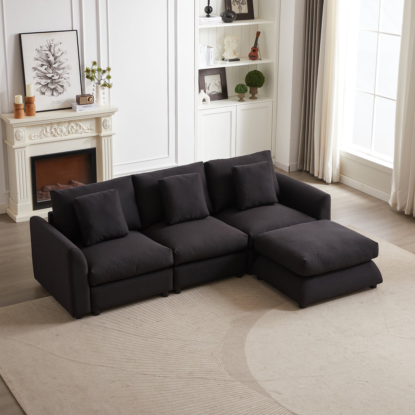 MH102.2 Inch Combination Sofa Modular Sofa with Ottoman, plastic leg,Three Cushions and Three Pillows for Living Room, Apartment, Studio L-Shaped Sofa Sleeper Comfort Upholstered Furniture,black W1193S00137