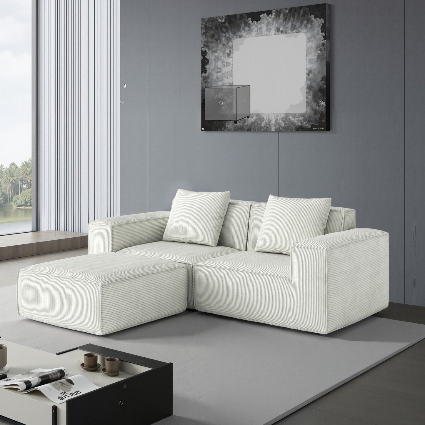 modular sofa can be converted into an oversized sofa bed Free conversion sofa set flexible configuration, soft corduroy cloud velvet fabric two person combination with footrest -white W3147S00007