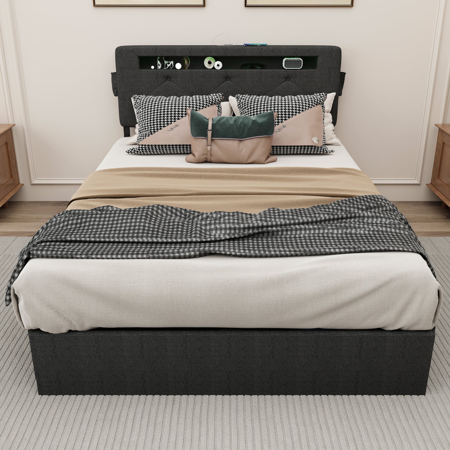Queen Bed Frame with USB Charging Station & LED Lights, Queen Bed Frame with Headboard & 4 Storage Drawers, D W1960P175566