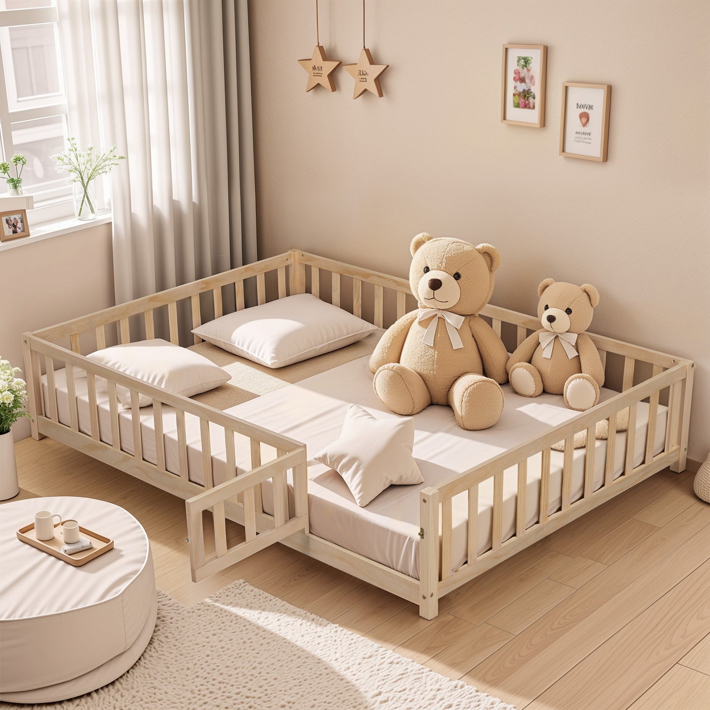 Full Size Floor Platform Bed with Fence and Door for Kids, Montessori Floor Bed Frame with Support Slats for Toddlers, Wooden Floor Bed Natural W1716132149