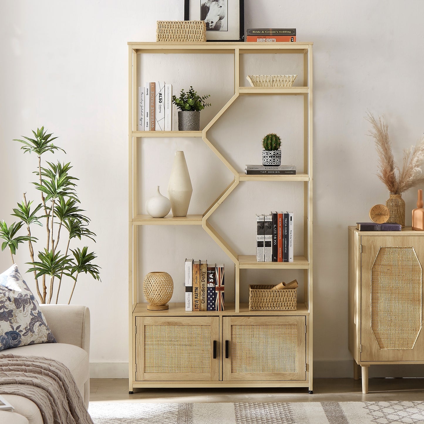 Rattan bookshelf 7 tiers Bookcases Storage Rack with cabinet for Living Room Home Office, Natural, 39.4'' W x 13.8'' D x 75.6'' H. W116283371