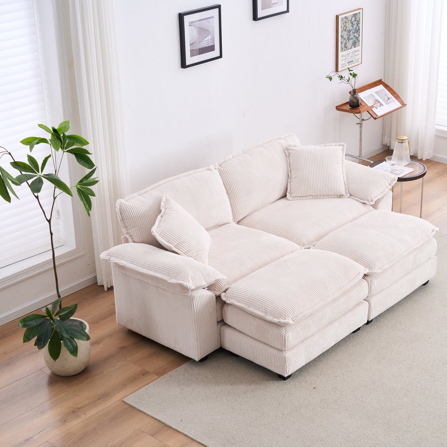 Corduroy 2-seats sofa With 2 back pillows,2 toss pillows and two ottoman,Comfy Sofa- Deep Seat Couch for Living Room,White W2363S00062
