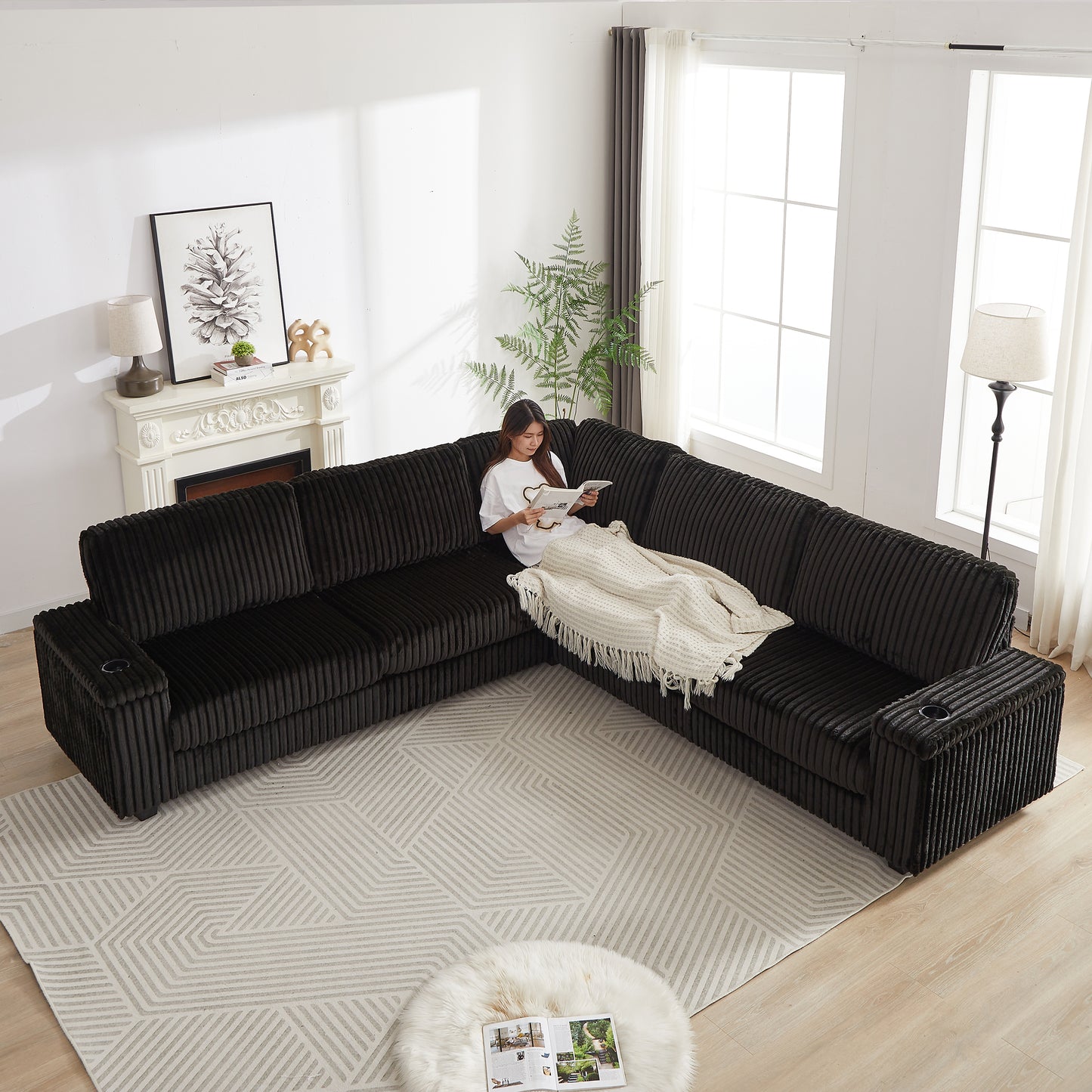 110-Inch Oversized Corduroy Corner Sofa,L Shaped Corner Couch with two storage spaces,USB port & Type-C port and Cup-holder , Deep Seat Comfy Upholstered Couches for Living Room(Not freely combinable) W834S00286