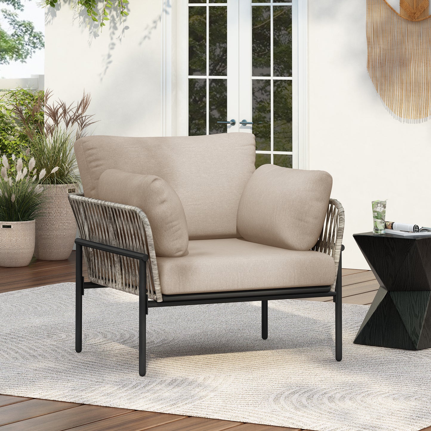 36' Beige Iron Lounge Chair with Rope Weave Design and Plush Cushions, Perfect for Indoor and Outdoor Relaxation N767P237035G