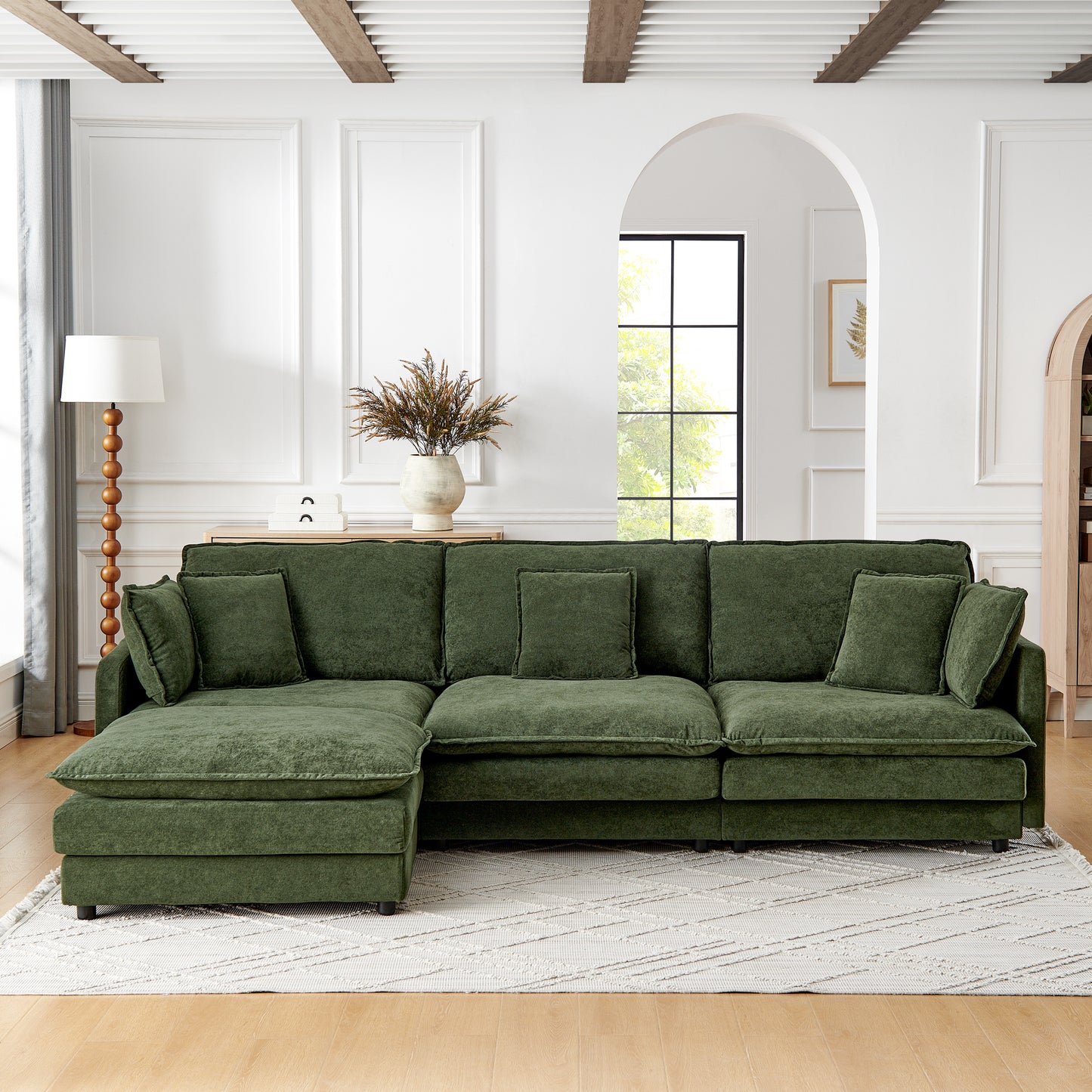 Modern Home Living Room L-Shaped Sectional Sofa Couches with Ottoman, Convertible Oversized 4 Seater Couch Towel Fabric, Green W1413S00081