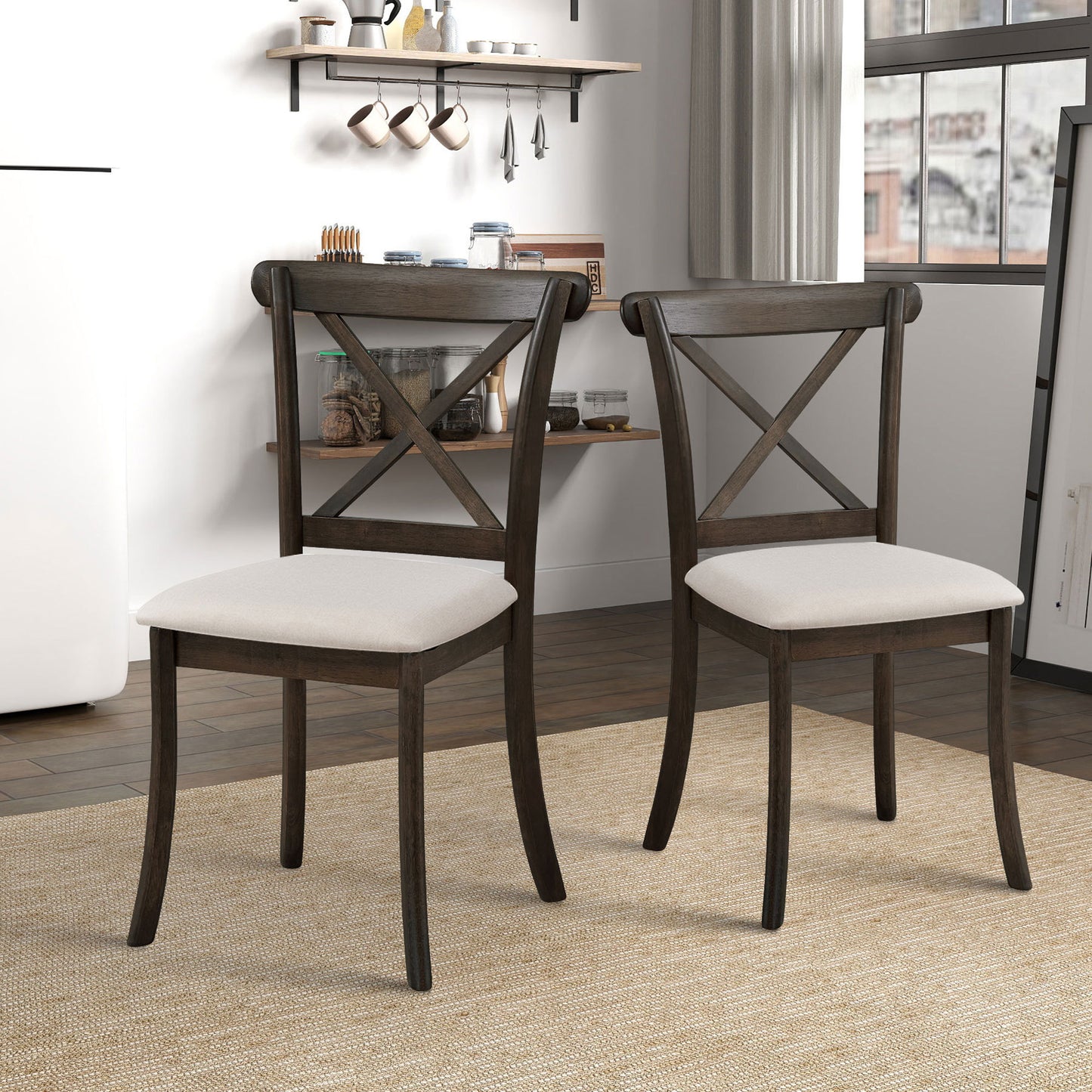 Wooden X Back Dining Chairs Set of 2, Modern Fabric Upholstered Kitchen Side 2PC Chairs, Cross Back Rubber Wood Farmhouse Dining Room Chair,Brown W2582P188311