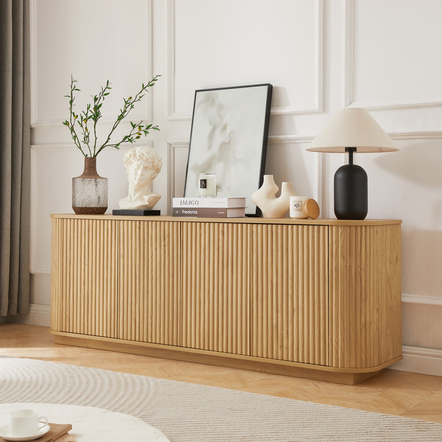 Sideboard Storage Cabinet TV Stand with wave pattern Buffet Cabinet Wooden Vertical Striped Cabinet for Kitchen/Bedroom/Entryway. Natural, 64''W x 15''D x 24''H. W1162P323742